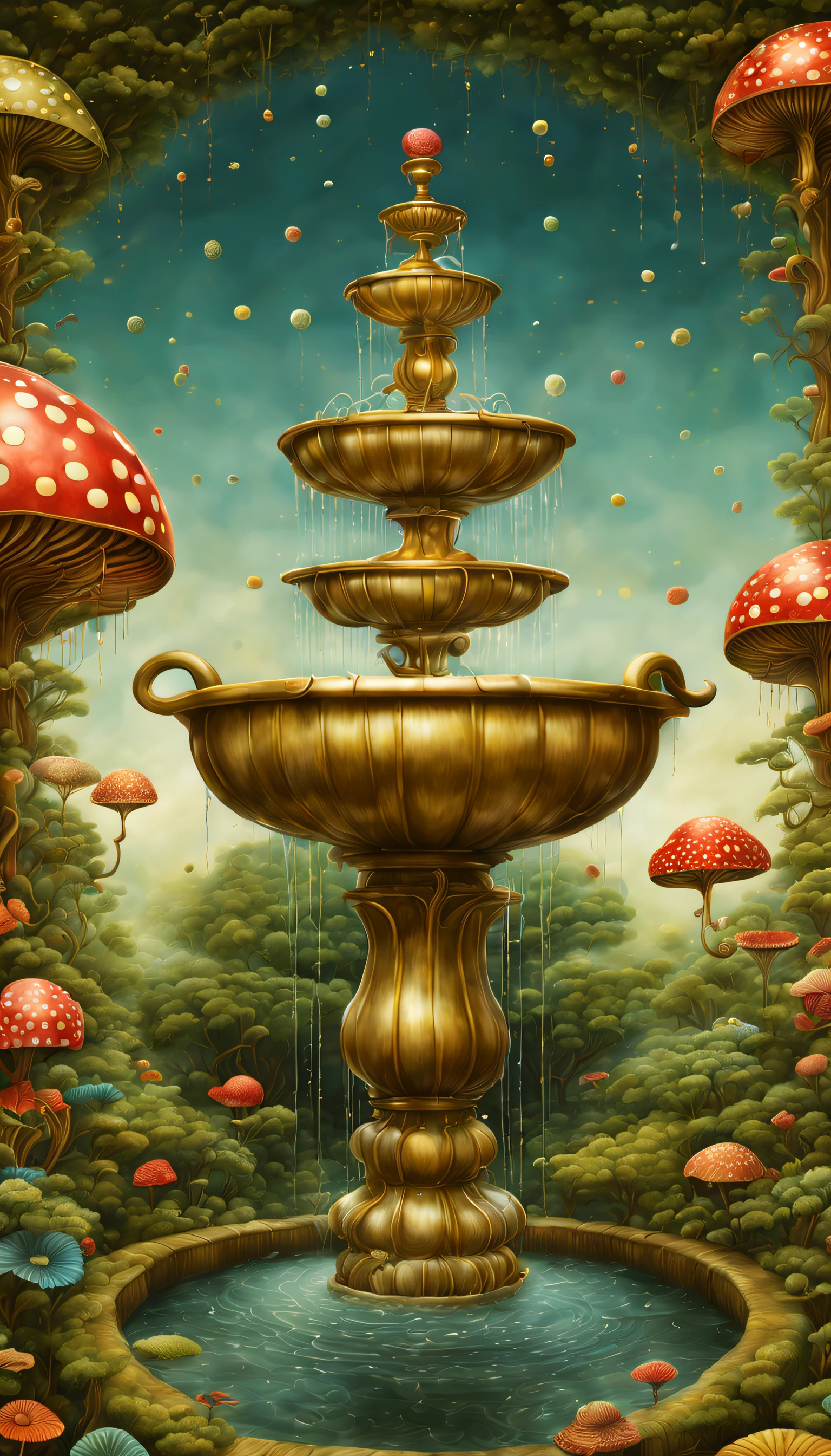 Magical, mysterious and surreal fountain , （Flowing water），the ultra-detailed, ，Draw beautiful digital illustrations，james r style ，by Amy Sole, author：naoto hattori，yayoi kusama, by Ghibli Studio，NO borders ，