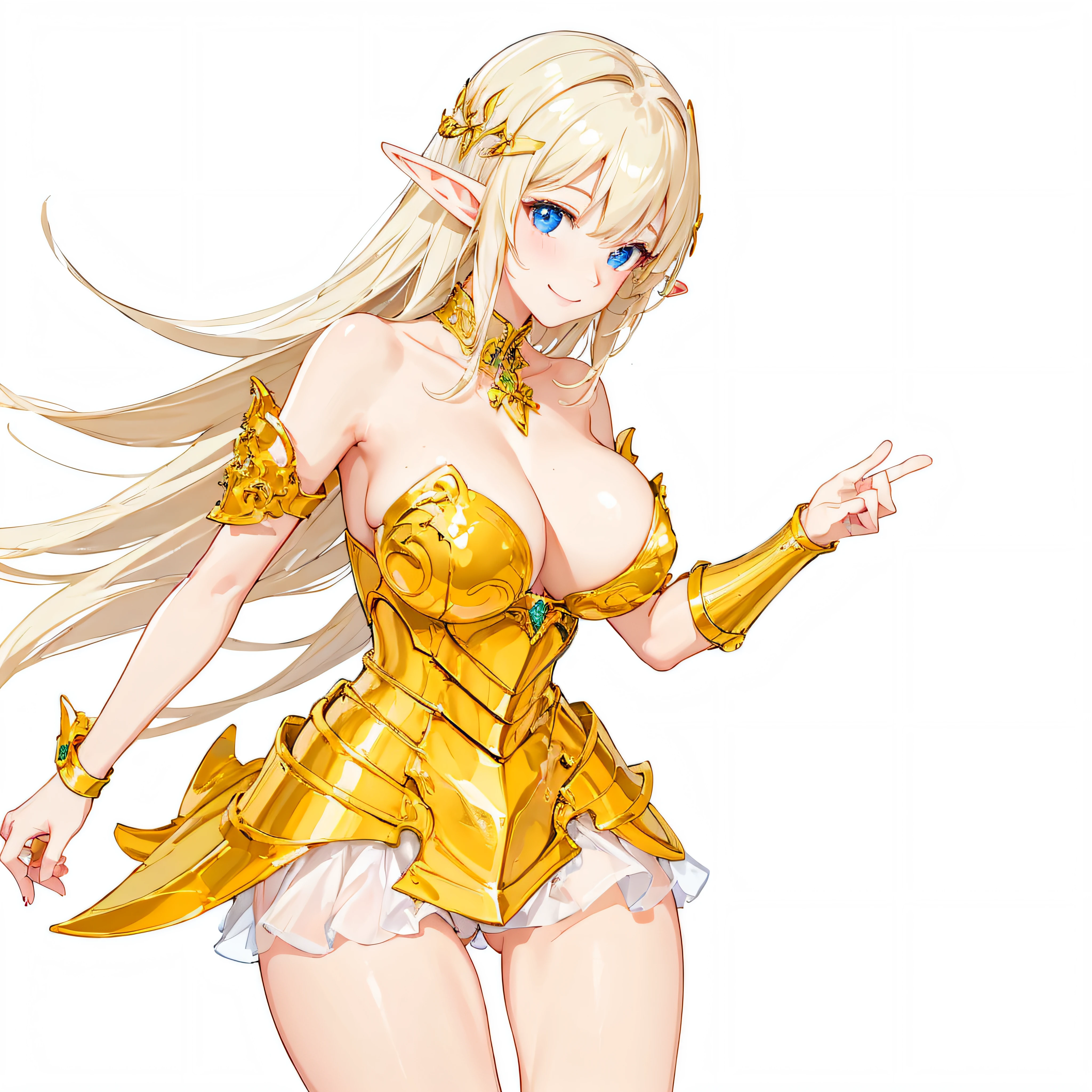 masterpiece、top-quality、ighly detailed、hight resolution、16k、fullnude、teats、Polori、Boob proportions、golden armour、Very thin skirt、Black pants、Full body like、Very white skin、Beautiful fingers、Anime girl with very big breasts posing naked、Perfect Style、elvish、no-bra、Blonde blue-eyed、A smile、An elf girl