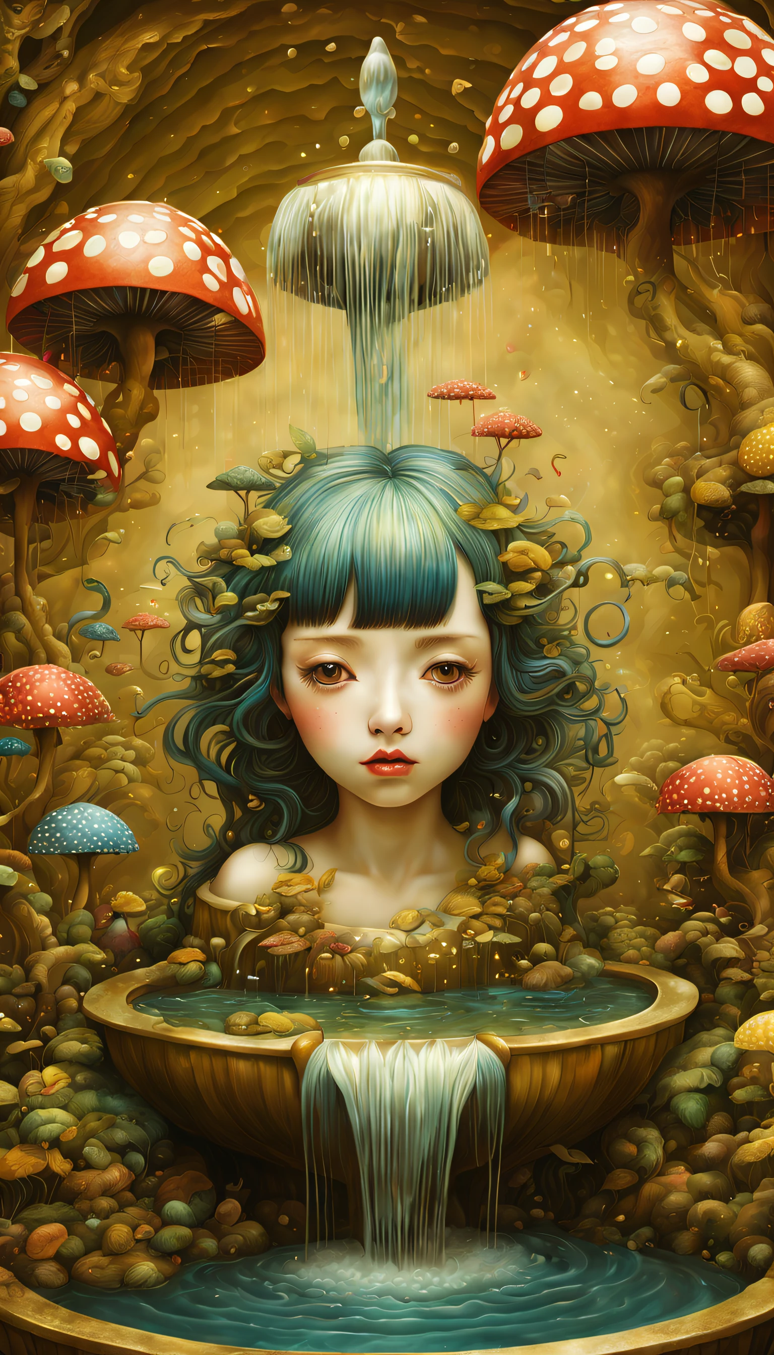 magical, Mysterious and surreal fountain , （lots of flowing water），waterfallr，the ultra-detailed, ，Draw beautiful digital illustrations，james r style ，by Amy Saul, author：naoto hattori，yayoi kusama, by Ghibli Studio，no border ，