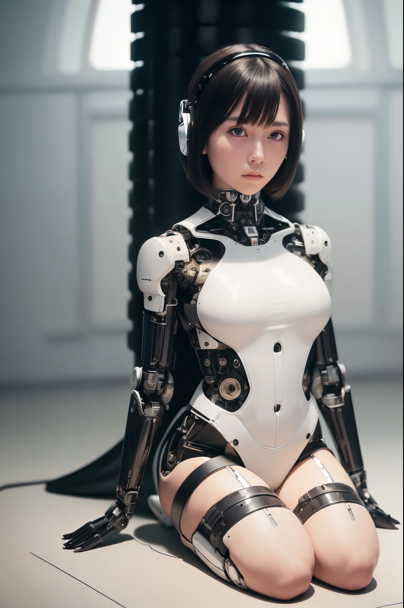 masterpiece, best quality, extremely detailed, masterpiece, best quality, extremely detailed, (photorealistic:1.4), (RAW photo) (RAW photo) (8K, 4K, Best Quality, hight resolution, 超A high resolution:1.1), (masutepiece, Realistic, Photorealsitic:1.1), 1girl in, Japaese Cyborg Girl,Plump ,pleated miniskirt,black high socks,announcer,control panels,android,Droid,Mechanical Hand, ,clothes with a sense of mechanical technology, Robot arms and legs, Black Robot Parts,Black hair,Mechanical body,rompers,Blunt bangs,White abdomen,White robotics parts,tube dress,perfect robot woman,future laboratory,cyber pank,charging spot,laboratory,long tube,thick cable connected her neck,kneel on the floor,bowing,ceramic body ,full eyes,striking eyes,mechanical body, ear antenna,mechanical ear cover,android,robot humanoid,,