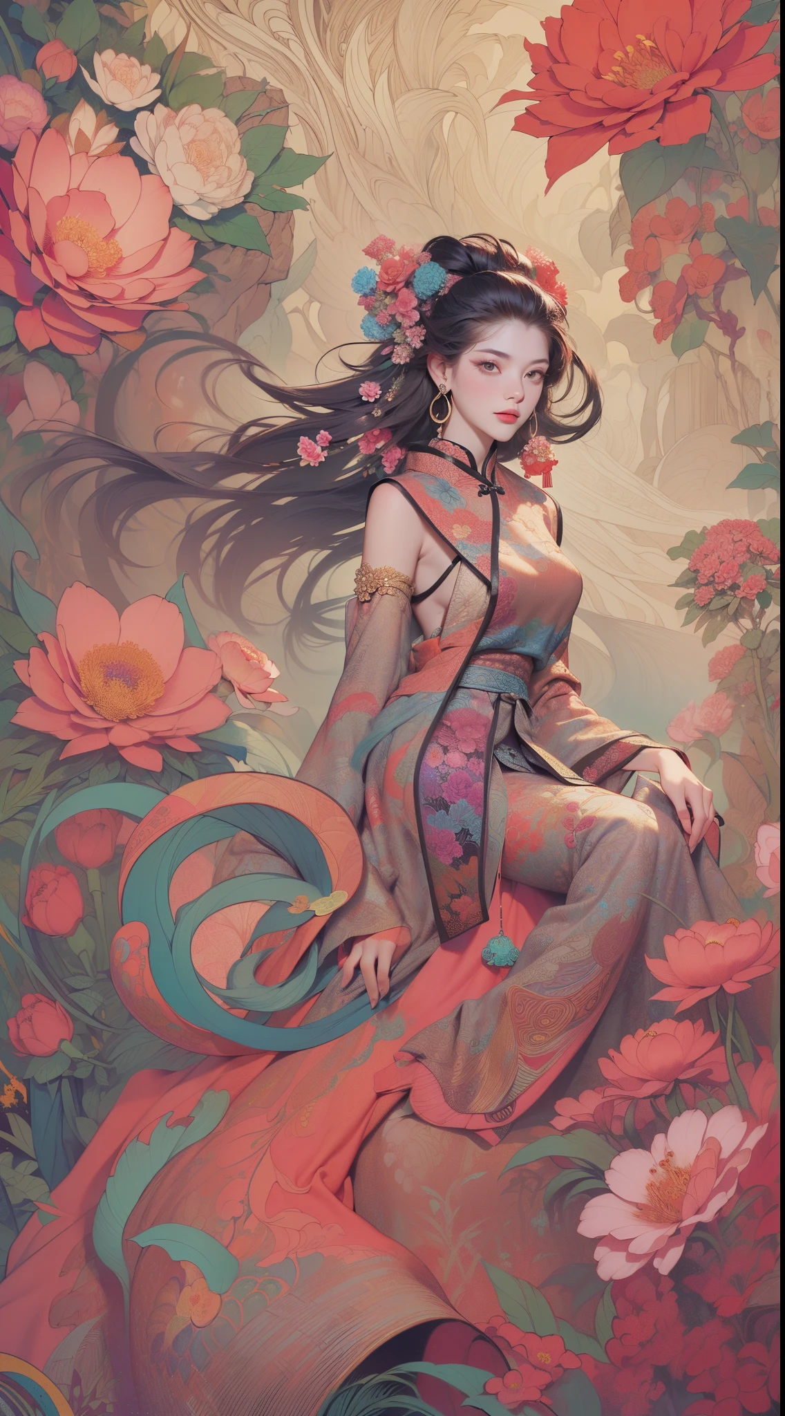 （tmasterpiece，top-quality，Best quality，offcial art，Beauty and aesthetics：1.2），（1个Giant Breast Girl：1.3），The content is very detailed，（s fractal art：1.1），（One color：1.1）（blossom flower：1.3），Most detailed，（ Tangled:1.2), (dynamicposes), (abstract backgrounds:1.3), (Chinese Traditional Cloth:1.2), (Glossy glossy skin), (Lots of colors:1.4), ,(耳Nipple Ring:1.4)，（Decorative painting：1.6，）， illuminations,Ink painting and watercolor，ink，water ink，02