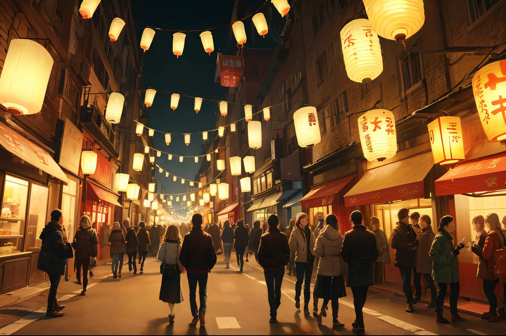 a large number of lanterns floating in the air, lumiol, advertising lighting, glowing lanterns, luxury advertisement, floating lanterns, colorful lanterns, kongming lanterns in the sky, evil spirits roam with lanterns, candle volumetric, advertising studio lighting, global lighting, Le Long, glowing paper lanterns, yellow lanterns, luminist style, street lanterns are shining