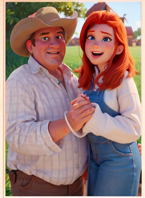 Crie uma imagem estilo disney pixar das pessoas da imagem. The girl is redheaded and is holding her father's hand. Make the drawing in a proportion that fits into a farm background with Dutch cows