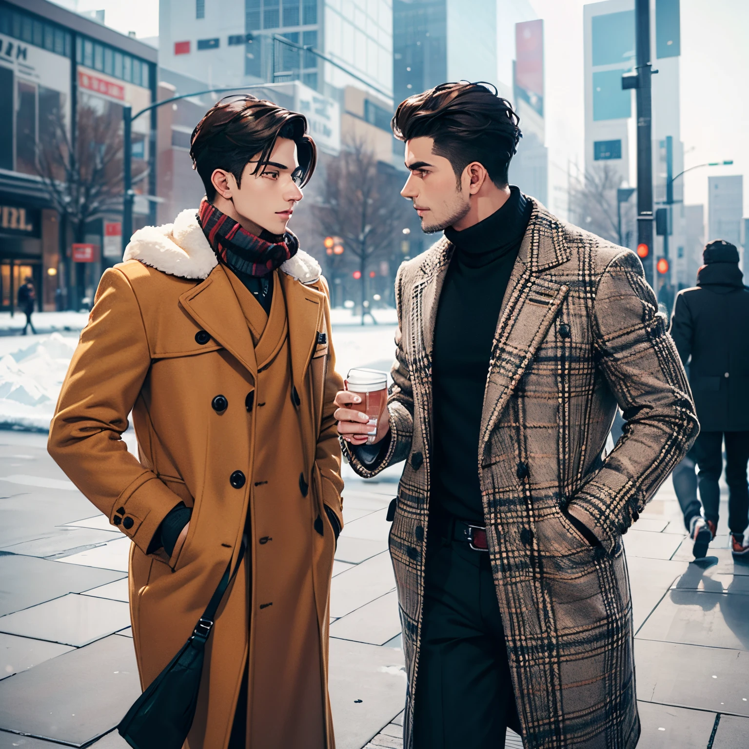 two male relationship,2guy,male face,male coat fasion style,handsome man,man style,at winter city