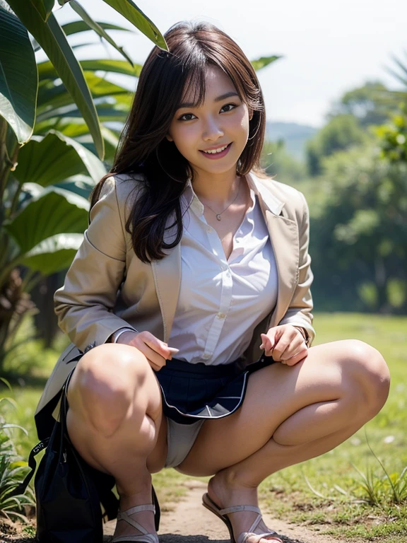((top-quality、in 8K、masterpiece:1.3、Raw photo))、Super high quality photos, In the tropical jungle, ((Wearing a business suit with jacket and skirt)), ((The wind is blowing up my skirt and I can see my panties.)),((squatting with legs closed)),((Wear a white blouse shirt under the jacket)), ((Perfect beauty 20 year old idol Japan woman)), ((a smile)), ((protruding nipples under the shirt,,)), ((Hair fluttering in the wind)), ((slim figure)), ((Slim legs)), ((slim thigh)), (Photorealistic: 1.4), (Ultra-high detail), (hyper realisitic: 1.4), (Realistic: 1.3), (Smooth lighting: 1.05), Full body, 1girl in, Solo, (Japanese actressl), 20yr old, cinematlic lighting, ((Leaner figure)), Good anatomy, Correct anatomy, In the tropical jungle, ((Perfect beauty 20 year old idol Japan woman)), ((Slim legs)), ((slim thigh)), ,((Perfect beauty)), ((He has a small camping bag in one hand.)), ((Panties are visible through the skirt)), ((a smile)), ((camel's toe)), ((Wearing a business suit with jacket and skirt)), ((squatting with legs closed)),