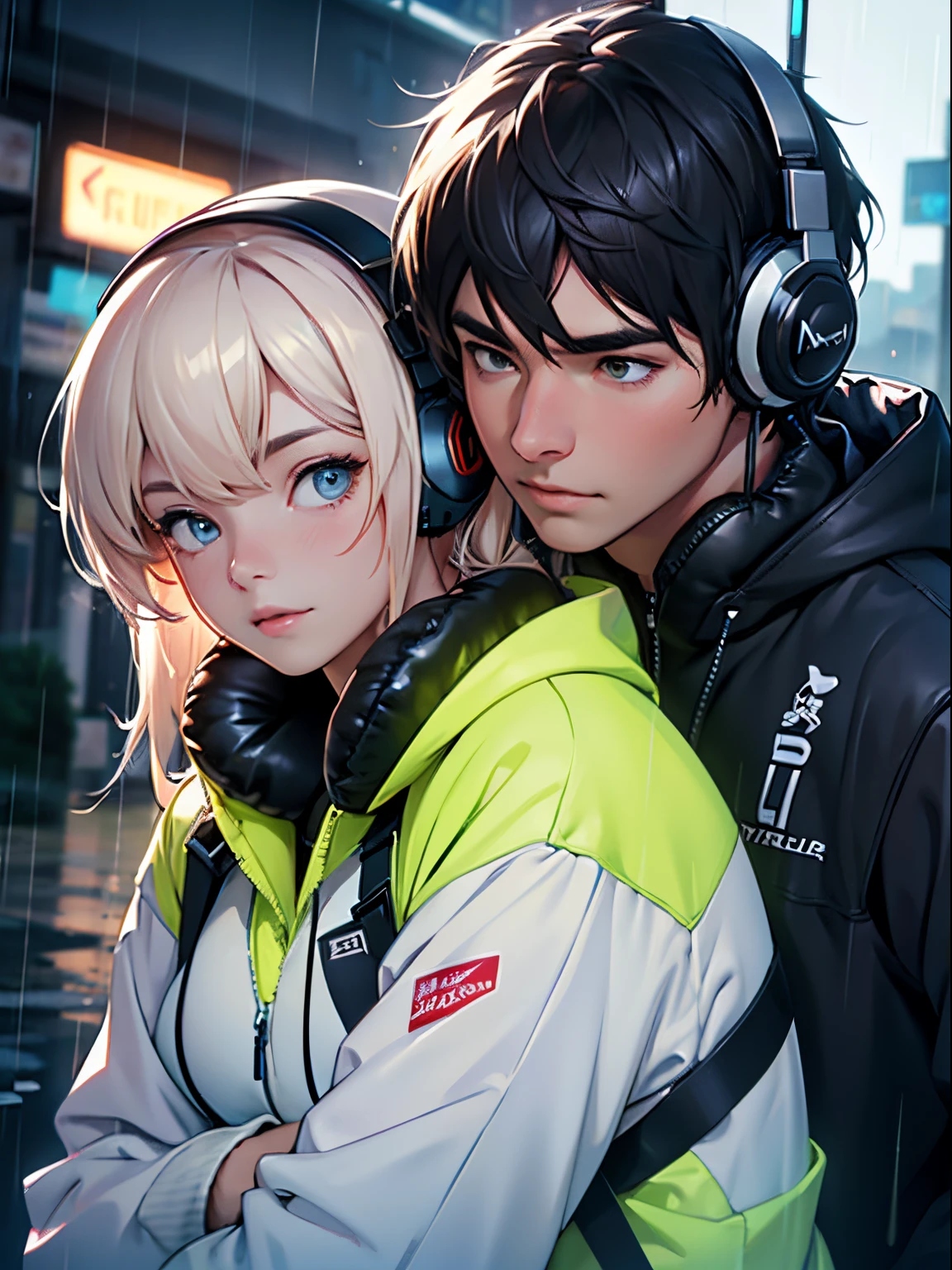 Ultra HD, high quality image, 4k, sweet couple, headphones, raining