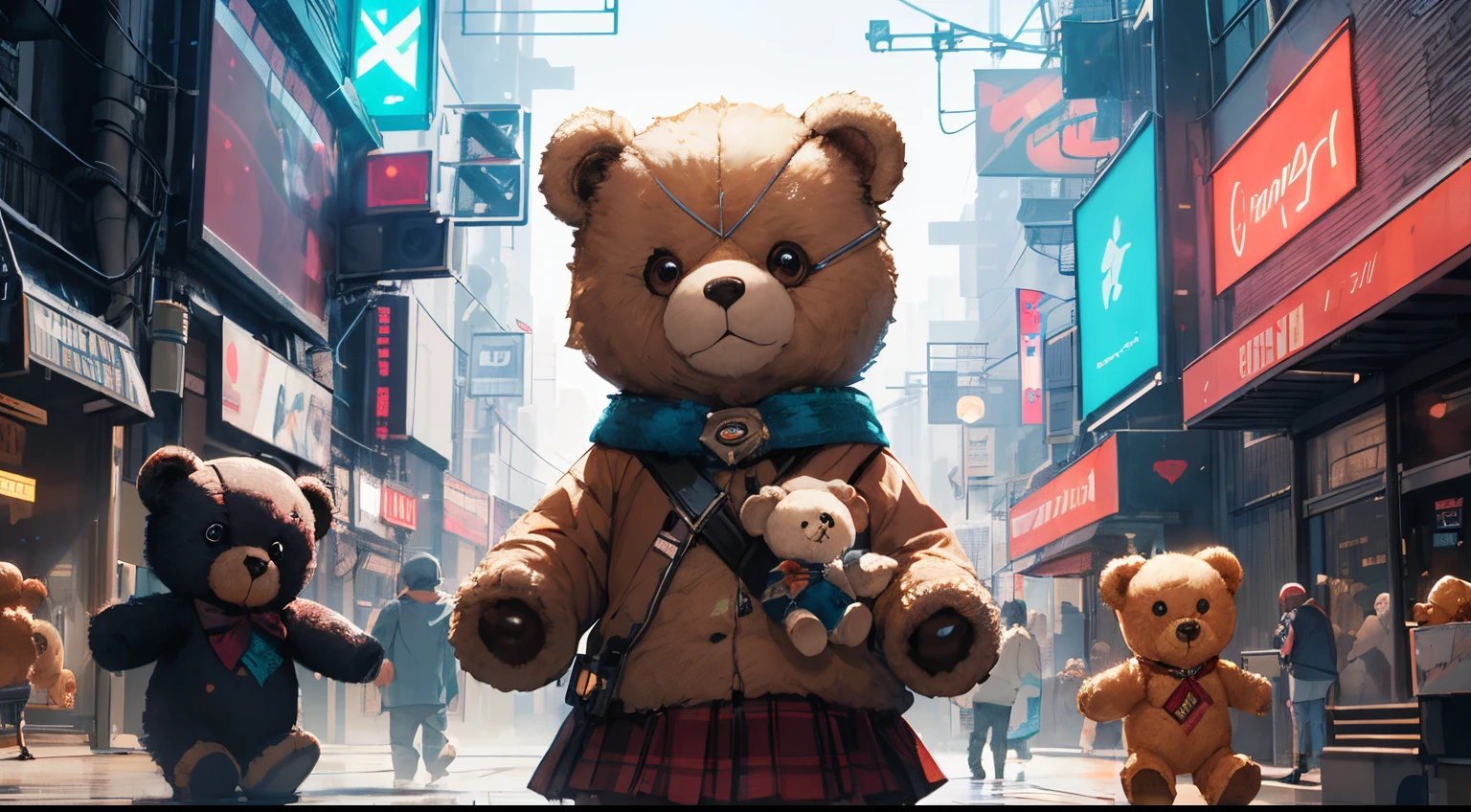 Cyberpunk style background,laser,The cities of the future,Group of happy teddy bears in skirts,Extremely cute furry artist teddy bear baby having fun wearing dress,Gorgeous fantasy imagination background,Ultra HD large image,artist style,Rich and professional lighting effects,A group of little teddy bears playing,Perfect facial detail,