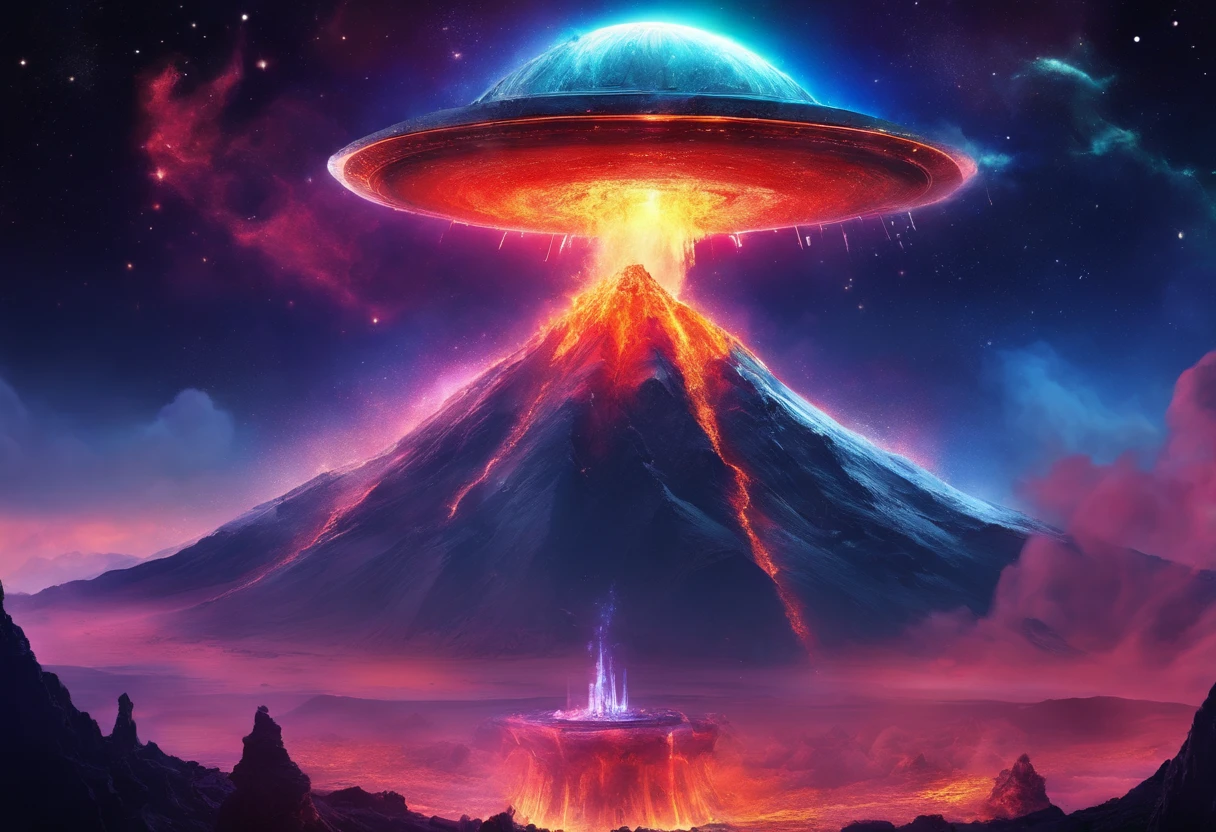 volcano exploding，Magma splashes，Huge flying saucer in the crater