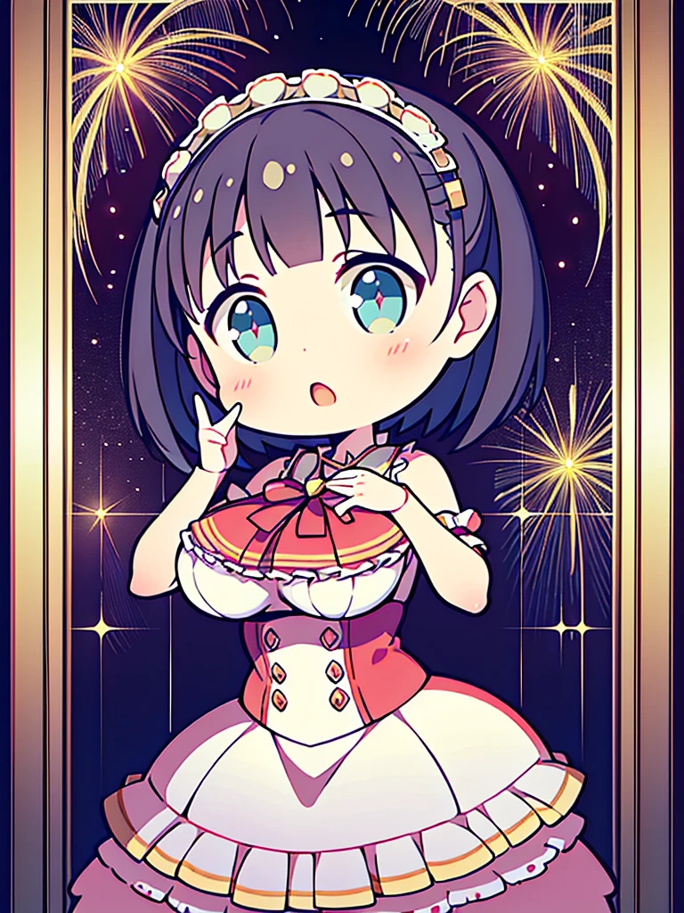 (greatest masterpiece, ultimate quality, ultra-detailed, movie lighting),1girl, solo, super fine illustration, an extremely delicate and beautiful, best quality, pop art style, cute chibi character design, Suguha, super pretty android girl, large breast, making adorable hand gesture, wearing frilly dress, sparkling background, masterpiece kawaii anime illustration