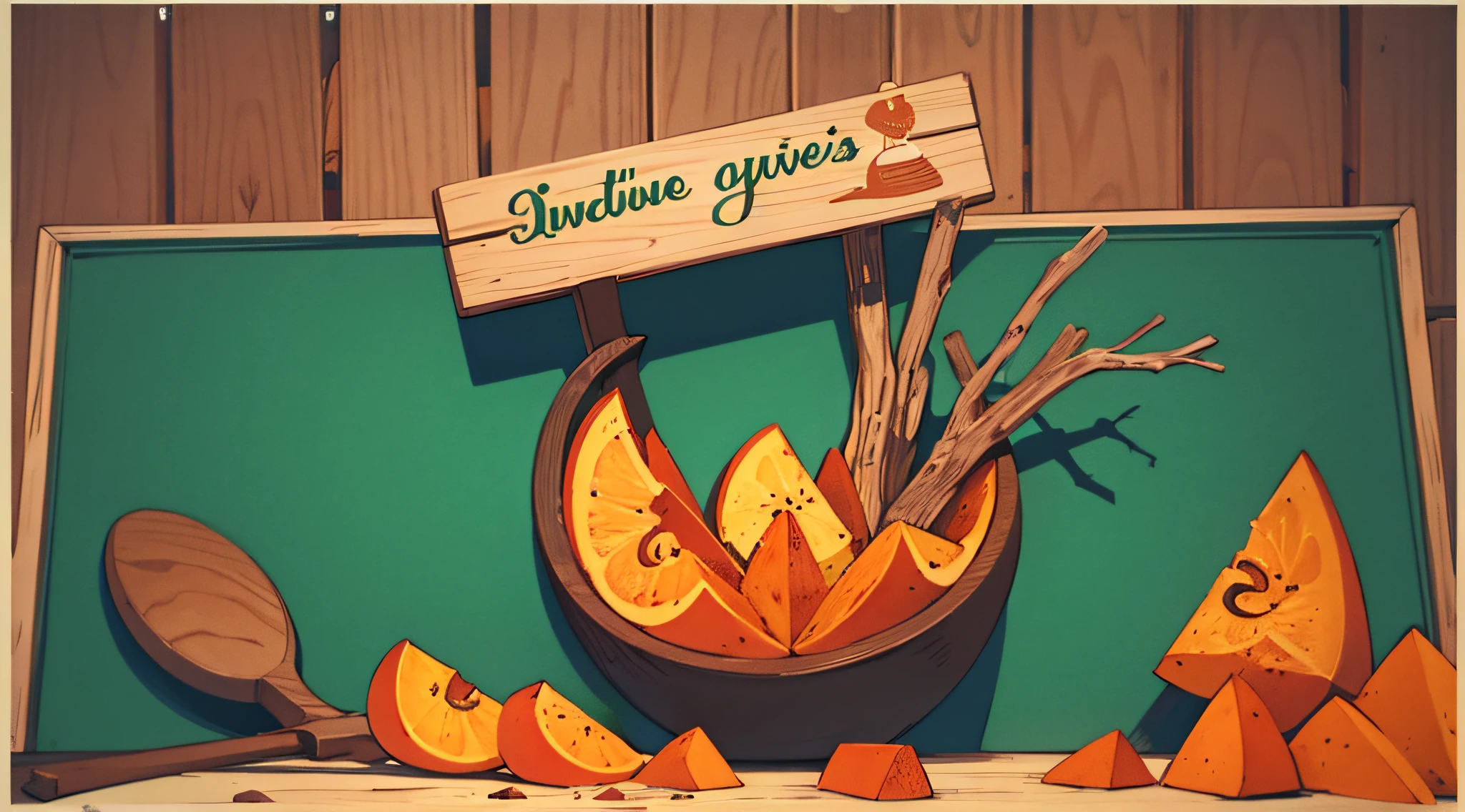 artnuvo sign, woodcut background, sweet potatoes in frame