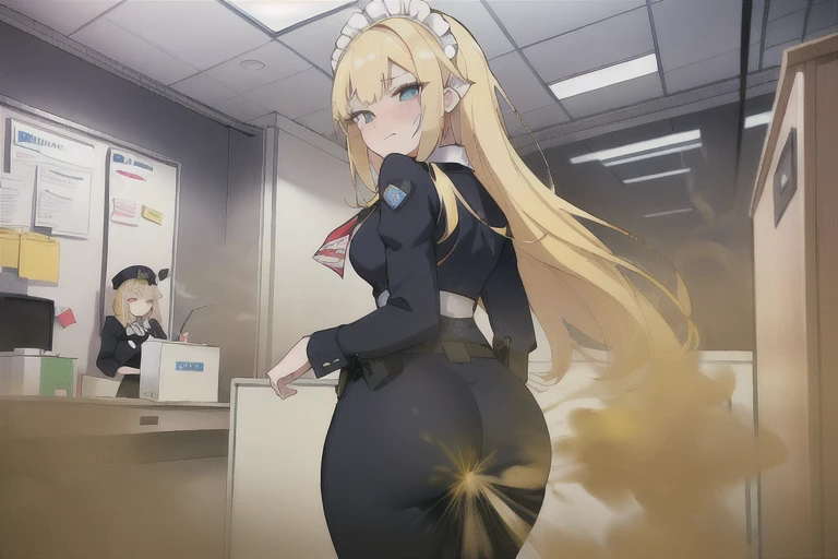 ((Blonde longhair))),Yellow smoke,Attacked by farts, Attack with farts,)),((Sticking out the butt)),((),velocity,, (((Yellow smoke is rising ))),((Hip Attack)),((),((Facing this way))),masterpiece:1.2、top-quality)、(the Extremely Detailed CG Unity 8K Wallpapers、ultra-detailliert、Best Shadows)、(细致背景)、(The best lighting、extremely delicate and beautiful)、depth of fields,((Girl fart)),(),(((((There are also office ladies and maids.................))))),(((Female police attacks office lady in the face with a hip attack..))),(((high-handed female maid)),(((Female office worker enduring pain)))
