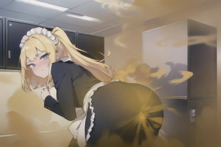 ((Blonde longhair))),Attacked by farts, Attack with farts,)),((Sticking out the butt)),((wearing a maid outfit)),velocity,((Hip Attack)),((),((Facing this way))),​masterpiece:1.2、top-quality)、(the Extremely Detailed CG Unity 8K Wallpapers、ultra-detailliert、Best Shadows)、(细致背景)、(The best lighting、extremely delicate and beautiful)、depth of fields,((Girl fart)),(),(((((There  a male butler and a female maid.......))))),(((Female maid attacks male butler in the face with a hip attack..))),(((high-handed female maid)),(((A male butler who endures pain)))