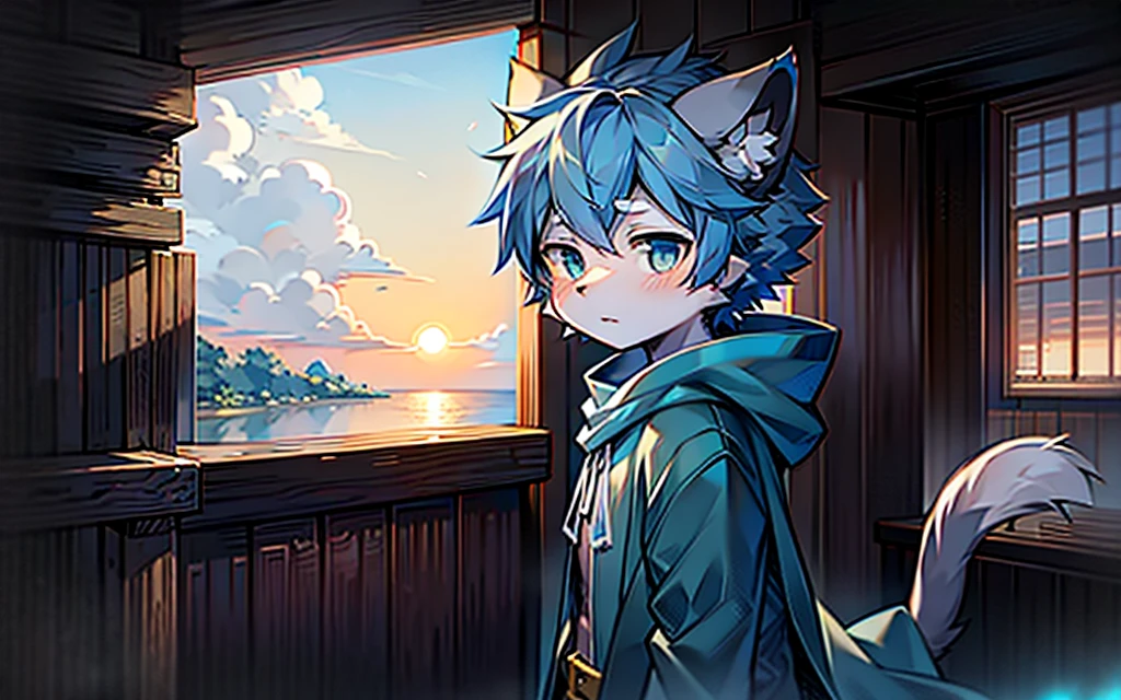 stray cat boy，Cold，Wearing a blue wind-patterned cloak，Wearing blue pants，At sunset，ambient light