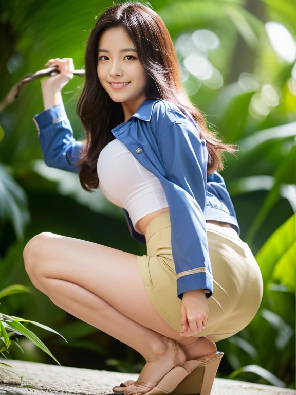 ((top-quality、in 8K、​masterpiece:1.3、Raw photo))、Super high quality photos, In the tropical jungle, ((Wearing a business suit with jacket and skirt)), ((The wind is blowing up my skirt and I can see my panties.)),((squatting with legs closed)),((Wear a white blouse shirt under the jacket)), ((Perfect beauty 20 year old idol Japan woman)), ((a smile)), ((protruding nipples under the shirt,,)), ((Hair fluttering in the wind)), ((slim figure)), ((Slim legs)), ((slim thigh)), (Photorealistic: 1.4), (Ultra-high detail), (hyper realisitic: 1.4), (Realistic: 1.3), (Smooth lighting: 1.05), Full body, 1girl in, Solo, (Japanese actressl),　20yr old, cinematlic lighting, ((Leaner figure)), Good anatomy, Correct anatomy, In the tropical jungle, ((Perfect beauty 20 year old idol Japan woman)), ((Slim legs)), ((slim thigh)), ,((Perfect beauty)), ((He has a small camping bag in one hand.)), ((Panties are visible through the skirt)), ((a smile)), ((camel's toe)), ((Wearing a business suit with jacket and skirt)), ((squatting with legs closed)),