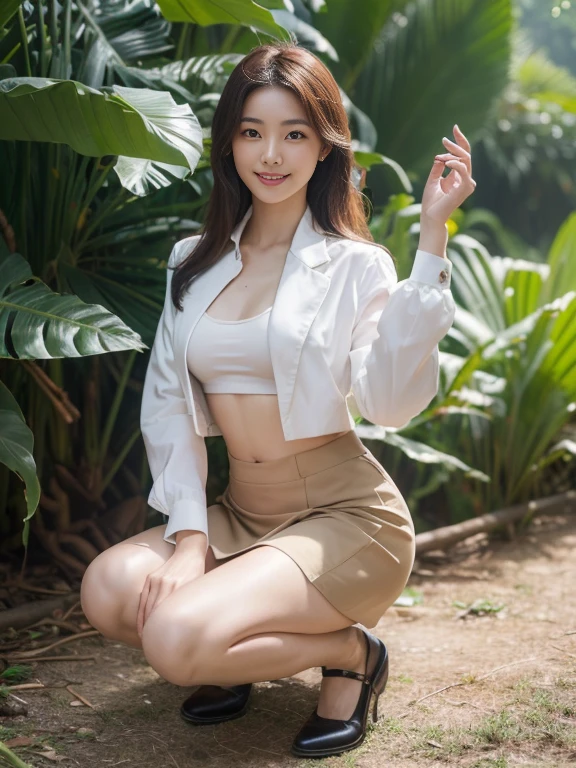 ((top-quality、in 8K、​masterpiece:1.3、Raw photo))、Super high quality photos, In the tropical jungle, ((Wearing business suit jacket and skirt)), ((Wear a white blouse shirt under the jacket)), ((Perfect beauty 20 year old idol Japan woman)), ((a smile)), ((nipples sticking out under the shirt,)), ((slim figure)), ((Slim legs)), ((slim thigh)), ((Perfect beauty 20 year old idol Japan woman)), (Photorealistic: 1.4), (Ultra-high detail), (hyper realisitic: 1.4), (Realistic: 1.3), (Smooth lighting: 1.05), Full body, 1girl in, Solo, (Japanese actressl),　20yr old, cinematlic lighting, ((slim figure)), ((Leaner figure)), Good anatomy, Correct anatomy, In the tropical jungle, ((Perfect beauty 20 year old idol Japan woman)), ((slim figure)), ((Slim legs)), ((slim thigh)), ,((Perfect beauty)), ((He has a small camping bag in one hand.)), ((squatting)), ((Panties are visible through the skirt)), ((a smile)), ((camel's toe)),