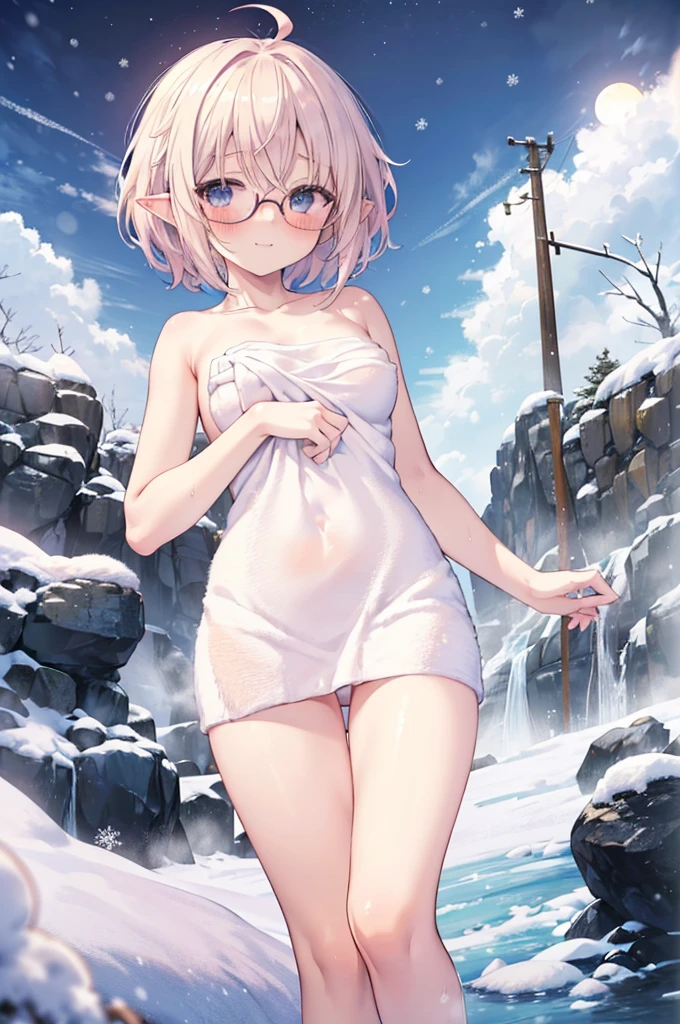 ultra detailed, best quality, 8k, high resolution, 1girl, (from below), pale skin, petite, (blonde hair), (very short hair), (ahoge:1.3), glasses, pointy ears, (blush:1.4), blue eyes, happy smile, medium breasts, (onsen), (naked towel:1.5), (moon night), (snowy:1.5), (chibi:1.4)