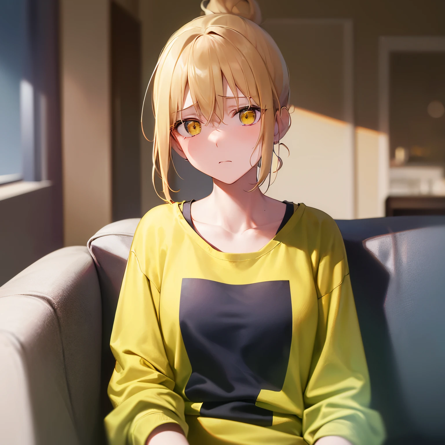 ​masterpiece、hightquality、The background is the living room at night、(yellow sofa, sitting on)、Bold composition、(blonde  hair, hair bun, yellow  eyes)、An 18-year-old woman、(a black T-shirt, oversized clothes, )、(Alone:1.5)、(Embarrassed and troubled expression:1.1)、(Upper body is shown.:1.3)、shoot from below