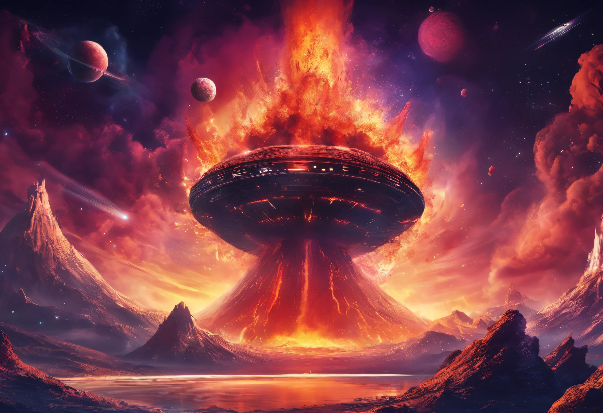 volcano exploding,Magma splashes,Huge flying saucer in the crater