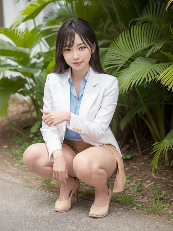 ((top-quality、in 8K、masterpiece:1.3、Raw photo))、Super high quality photos, In the tropical jungle, ((Wearing a business suit with jacket and skirt)), ((The wind is blowing up my skirt and I can see my panties.)),((squatting with legs closed)),((Wear a white blouse shirt under the jacket)), ((Perfect beauty 20 year old idol Japan woman)), ((a smile)), ((protruding nipples under the shirt,,)), ((Hair fluttering in the wind)), ((slim figure)), ((Slim legs)), ((slim thigh)), (Photorealistic: 1.4), (Ultra-high detail), (hyper realisitic: 1.4), (Realistic: 1.3), (Smooth lighting: 1.05), Full body, 1girl in, Solo, (Japanese actressl), 20yr old, cinematlic lighting, ((Leaner figure)), Good anatomy, Correct anatomy, In the tropical jungle, ((Perfect beauty 20 year old idol Japan woman)), ((Slim legs)), ((slim thigh)), ,((Perfect beauty)), ((He has a small camping bag in one hand.)), ((Panties are visible through the skirt)), ((a smile)), ((camel's toe)), ((Wearing a business suit with jacket and skirt)), ((squatting with legs closed)),