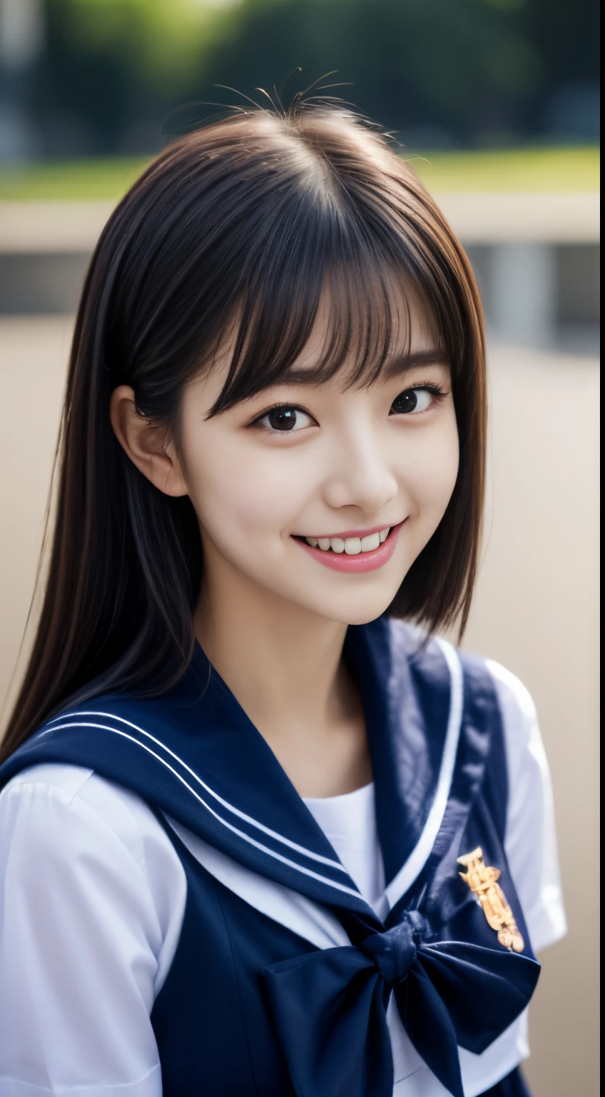 Close up of woman posing for photo,  Japanese Models, Beautiful Asian Girl, 18-year-old female model,  4K、bangss、A dark-haired、bob、Middle hair、Straight hair、(white  shirt, Sailor School Uniform, Dark blue pleated skirt:1.2),　(Super cute face in idol style:1.2)、slim and beautiful figure、Beautiful breasts、A smile、