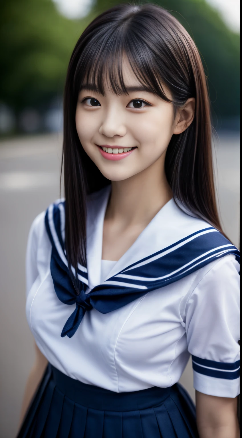 Close up of woman posing for photo,  Japanese Models, Beautiful Asian Girl, 18-year-old female model,  4K、bangss、A dark-haired、bob、Middle hair、Straight hair、(white  shirt, Sailor School Uniform, Dark blue pleated skirt:1.2),　(Super cute face in idol style:1.2)、slim and beautiful figure、Beautiful breasts、A smile、