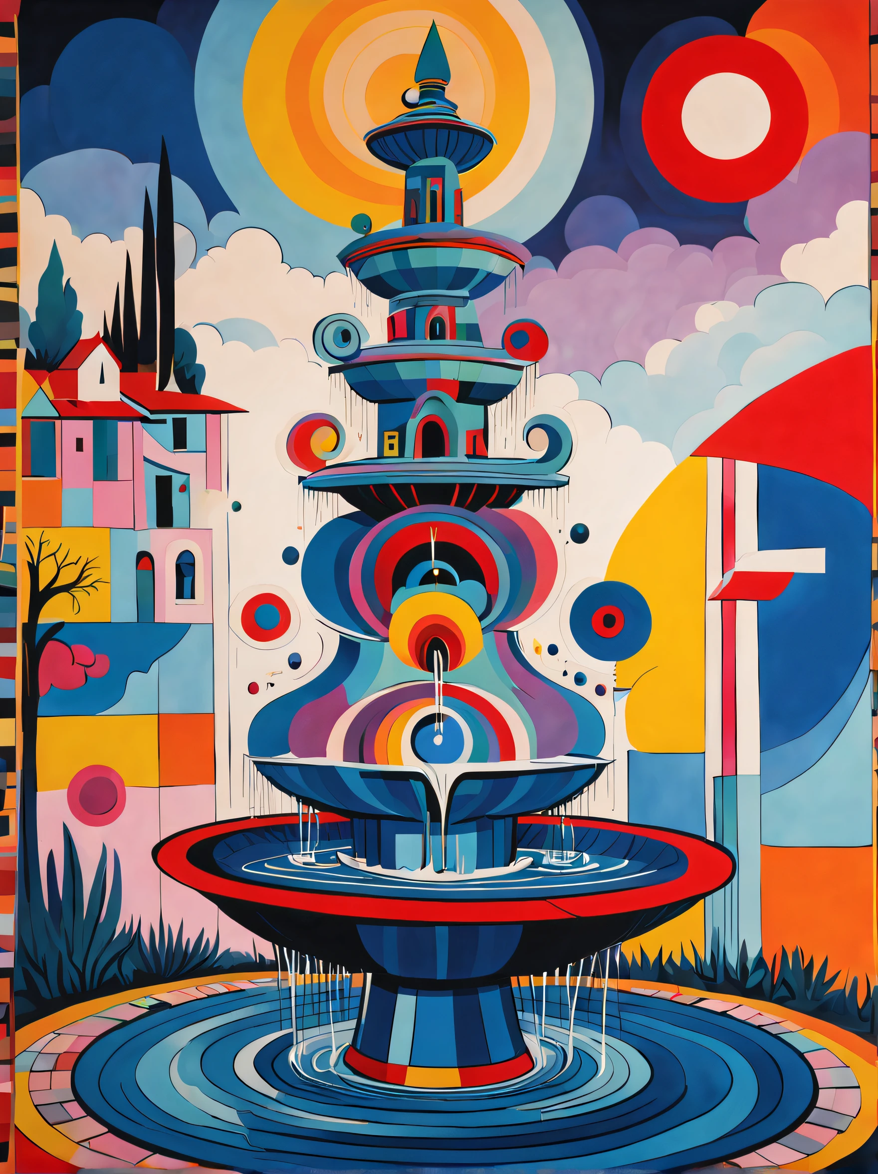 The fountain, Kandinsky style, in the Picasso style, iintricate, extremly high detail