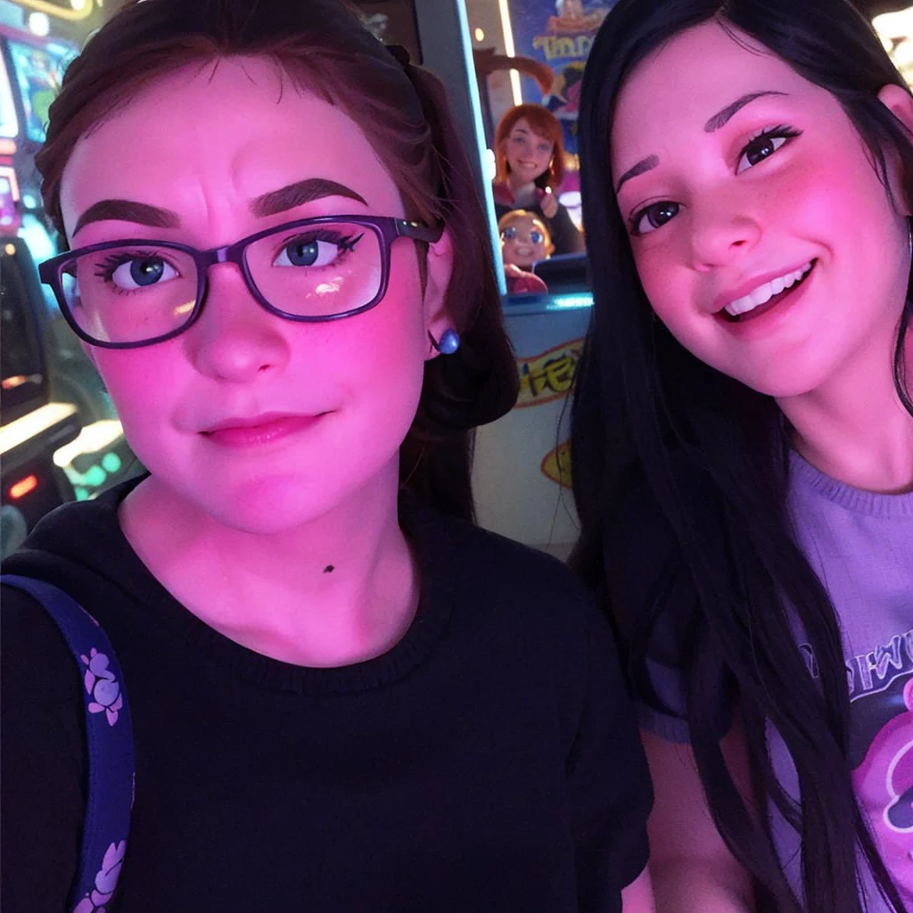 two women are posing for a picture in front of a game machine, charli bowater and artgeem, profile picture 1024px, profile pic, leslie david and lisa frank, taken in the early 2020s, vacation photo, both smiling for the camera, snapchat photo, alex yanes and lisa frank, facebook post