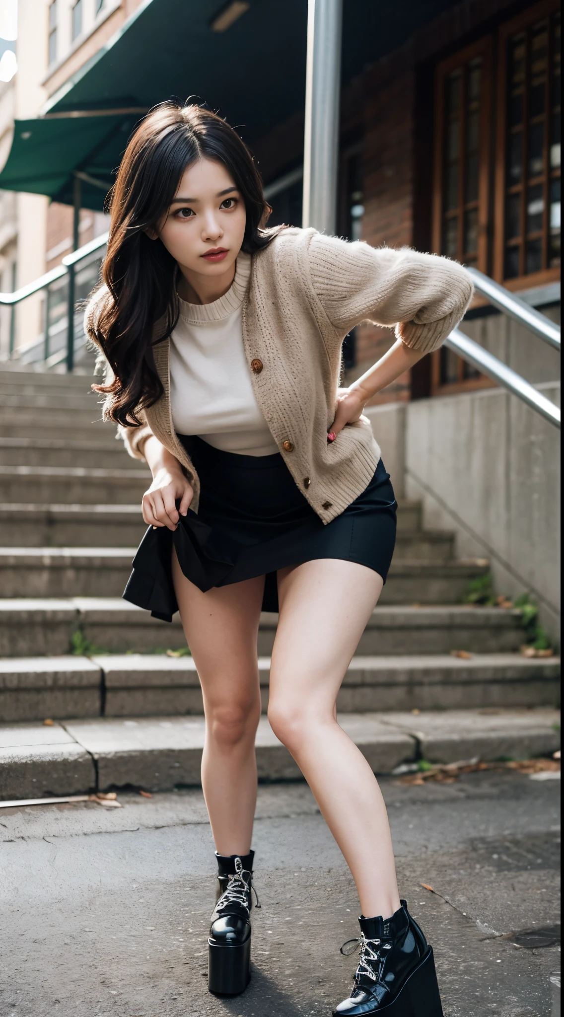 Up Escalator Skirt、short coat、bottom body close up、View from behind、Very low camera angle、Slouched、(bent forward:1.7)、(Inner Stock)Panties in a skirt(Skirt rolled up: 1.3)、(((She turns around and looks at the cameraman)))、Panties are inside the skirt.Detailed face rendering.Serious expression.Her gaze is directed at the camera. (Thighs exposed)、pastel sweater、pleatedskirt、platform shoes