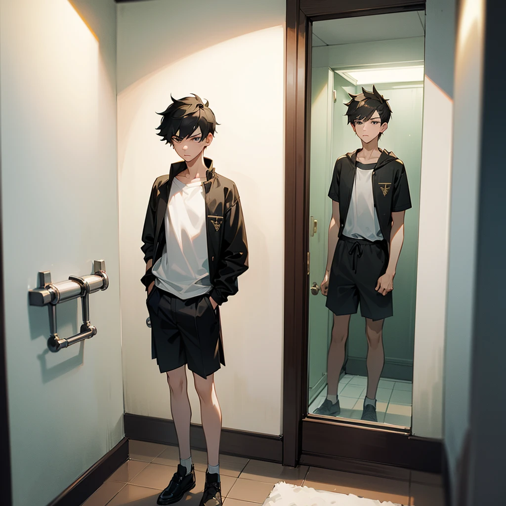 1boy,senxual tension,full body, perfect body,tall,bathroom scene,17 years old,young face,thin white shorts,male gender