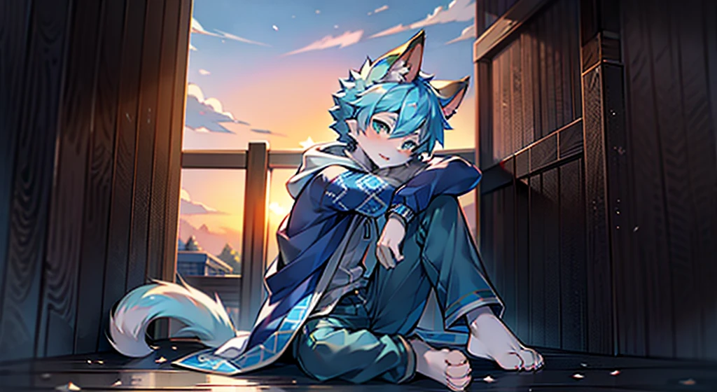 stray cat boy，Cold，Wearing a blue wind-patterned cloak，Wearing blue pants，sat on the ground，At sunset，ambient light