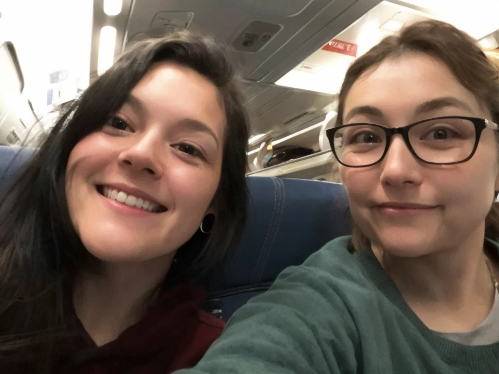 two women sitting on a train taking a selfie, vacation photo, both smiling for the camera, sat down in train aile, long distance photo, pov photo, snapchat photo, selfie shot straight on angle, back to us, profile pic, they are very serious, taken in the early 2020s, profile picture, very silly looking, roomies