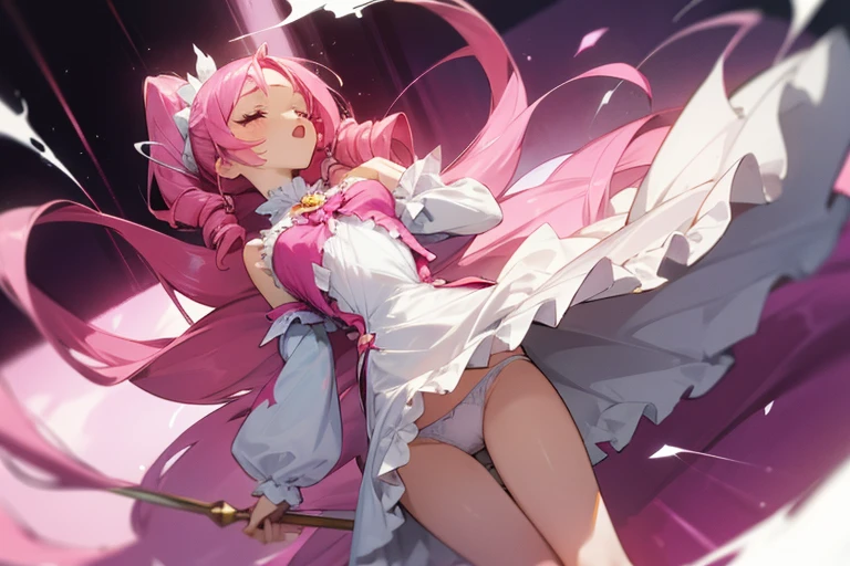 tottering, precure, big breast, torn clothes, frilly, closed eyes, :o, white , dirty, bleed, pink hair, drill hair, headback