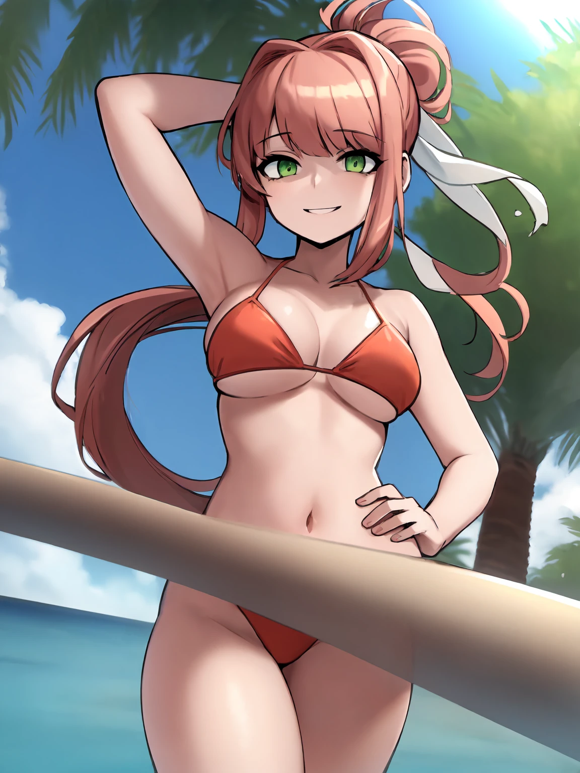 anime, 2d, (Masterpiece, best quality)+, colorful, (highly detailed)+, (very delicate, beautiful)+, character design, female focus, solo, 1girl, monika (Doki Doki Literature Club)1.2, blunt bangs, coral brown hair, green eyes, long hair, ponytail, ribbon, white ribbon, hair ribbon, sidelocks, medium breasts, slightly wide hips, soft thighs, green bikini, beach, wet body, sunglasses, hand on hips, confident smile,