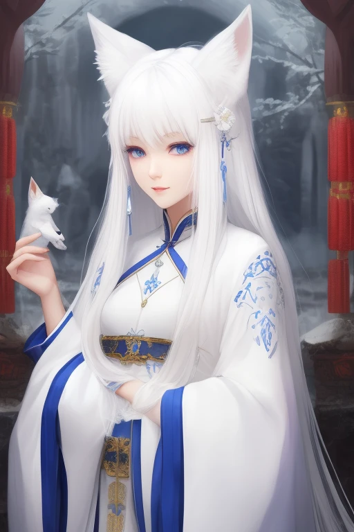 Priestess white hair fox ears chinese style long hair blue eyes beautiful woman