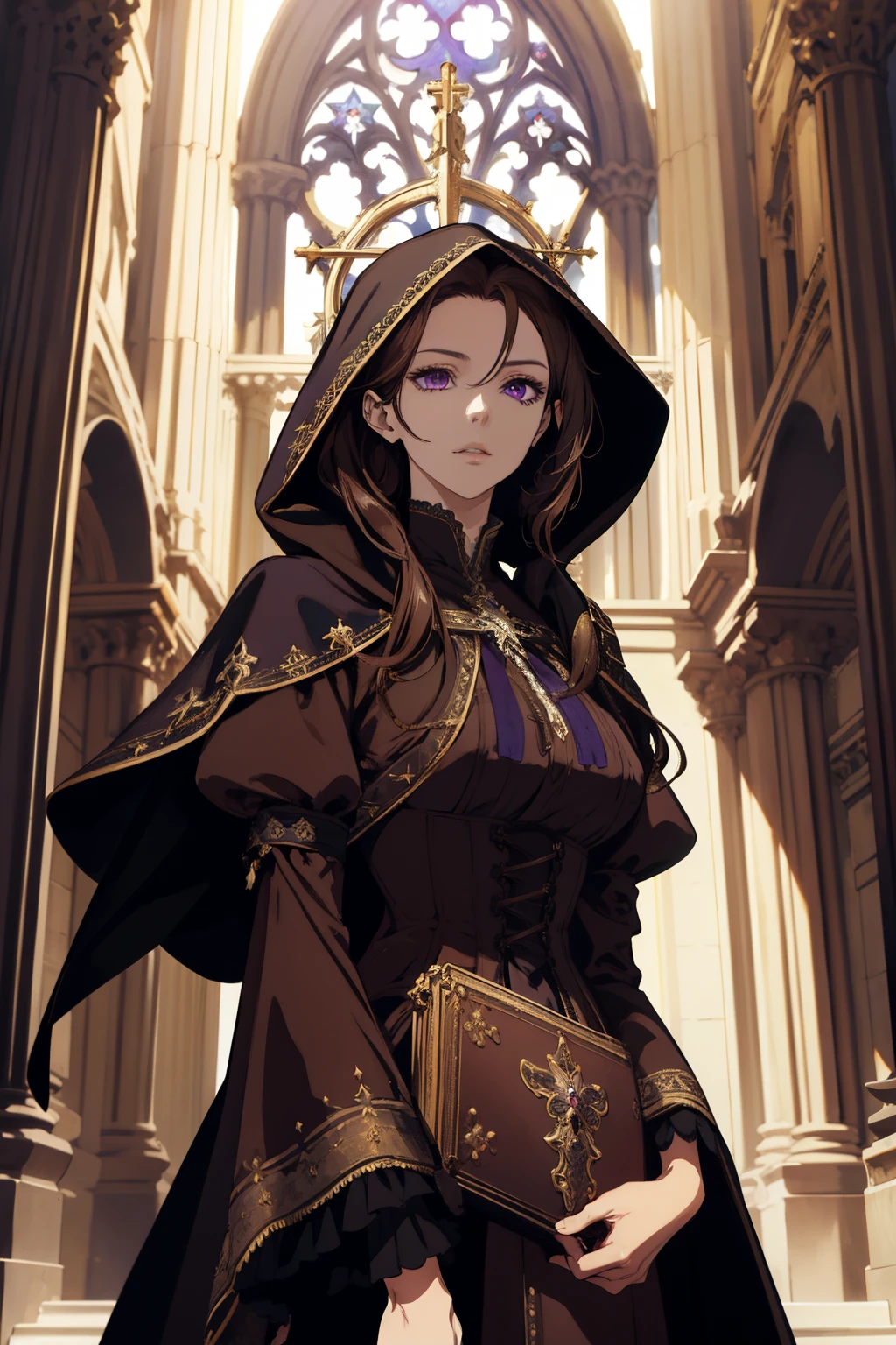 masterpiece, (absurdres:1.1), best quality, extremely delicate, (beautiful face:1.1), elegant, full clothes (great composition), bags under eyes, (dark:1.1), highly detailed exquisite portrait Victorian era inspiration anime - style image of a woman in a brown dress standing in front of a large cathedral pretty female cleric, female cleric, inspired by Li Chevalier, cleric, dressed like a cleric, majestic saint woman, inspired by Valéria Dénes, npc with a saint's halo, female protagonist 👀 :8, official character art, masterpiece goddess of sorrow BROWN HAIR purple eye color cloak with hood middle aged woman