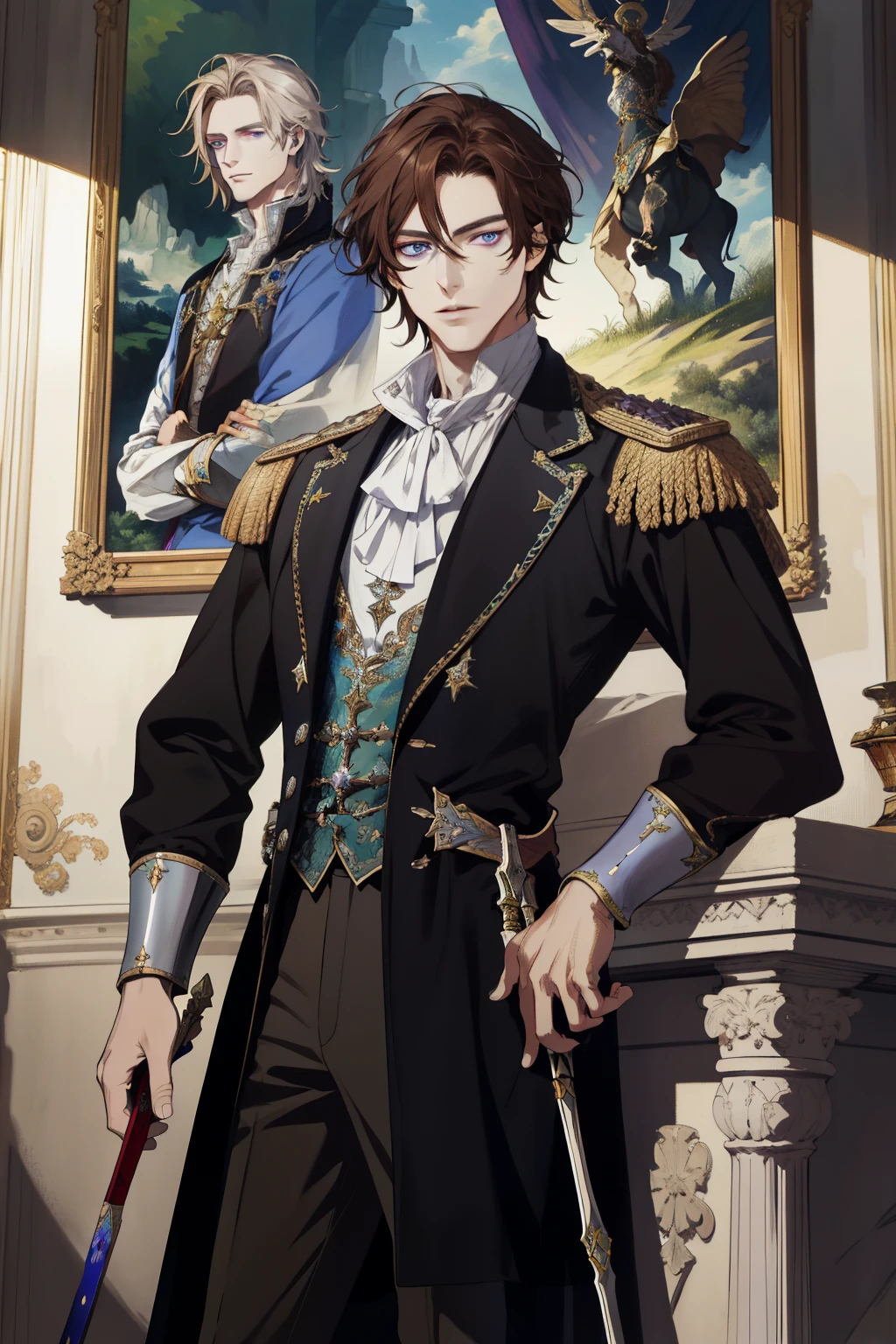 (absurd, high resolution, ultra detailed), paintings. The most interesting one Depicted King Lancelot. The founder of the country, He was depicted as pale. With dark green eye color and brown hair. 
He fought against Kazimir. Who had dark hair and dark purple eyes.
