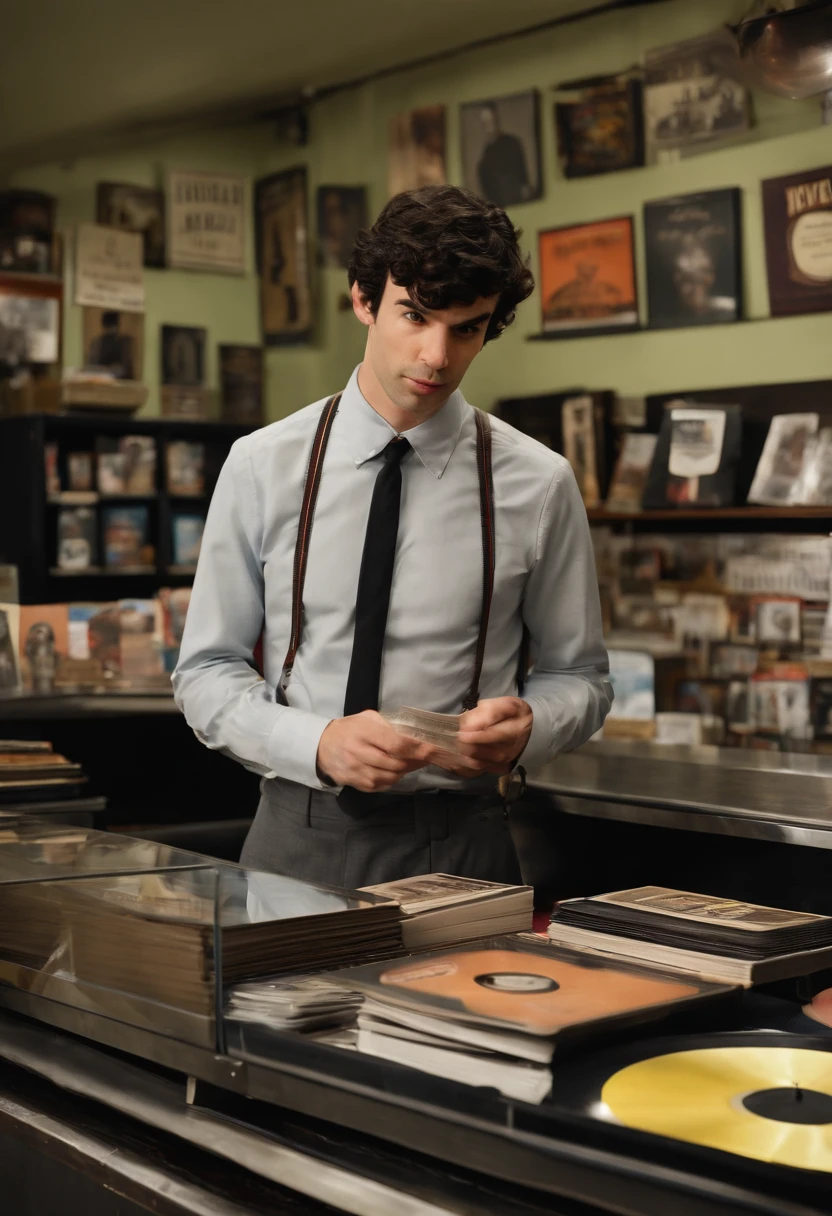 A photo of a quirky, vintage record store,original,In “Nathan for You,” Nathan Fielder portrays a character of the same name, marked by his plain, somewhat awkward appearance: often seen in a grey suit and tie, with his hair neatly combed and a pair of unremarkable glasses. This understated look complements his on-screen persona, which is characterized by a deadpan expression and a consistently serious demeanor, regardless of the comedic absurdity unfolding around him.