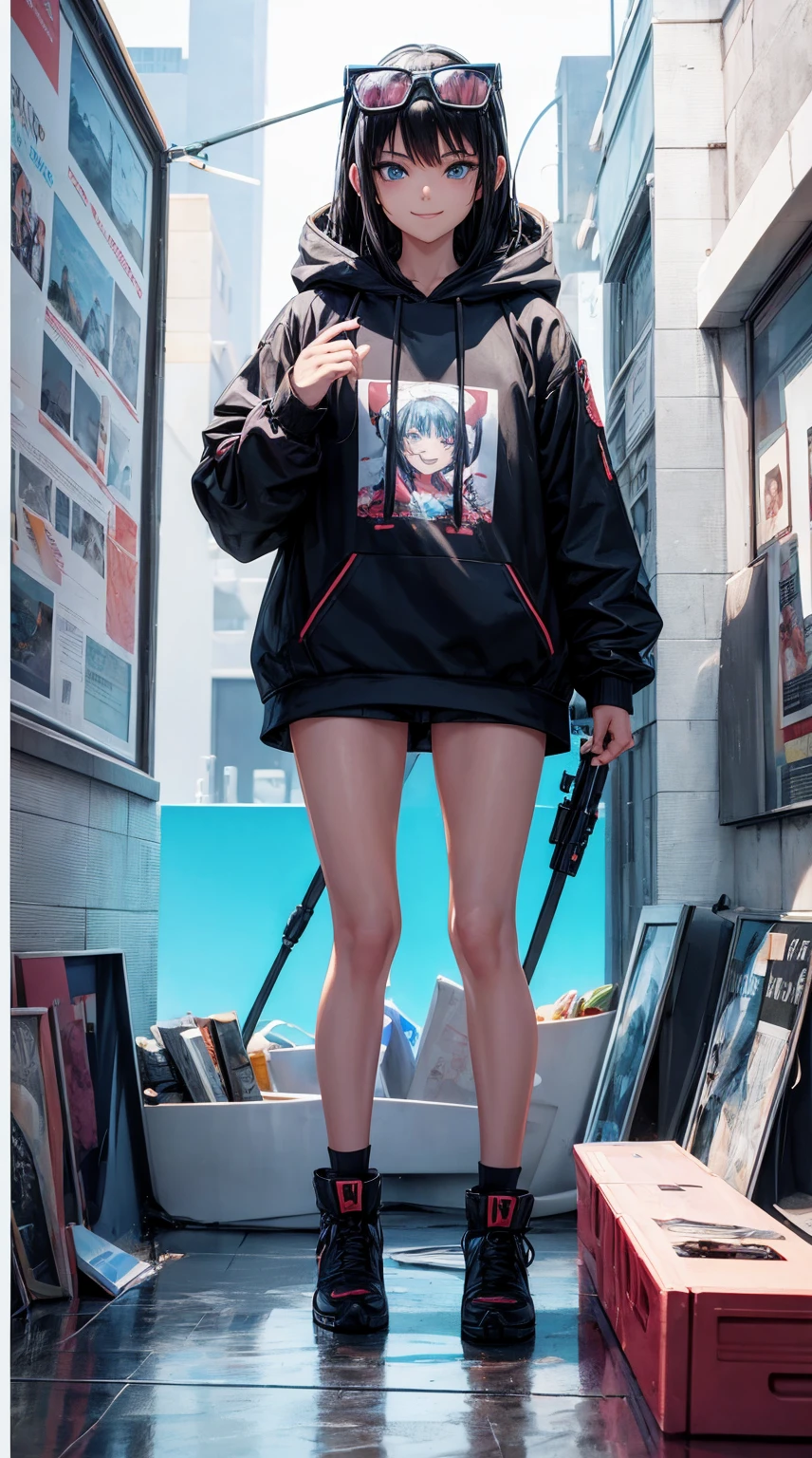 guy from cute anime character with smile on the front, sunglasses, clear skin, wearing a rose hoodie with the name "ILOVEYOUANTA" and BLUE eyes and long black hair, fashion, 3D text rendering, typography, illustration, painting, photo, poster, Rendering 3d, anime, fashion, cinematic, products. "SuheeOey", photo, poster, 3d rendering, illustration, cinematic, typography