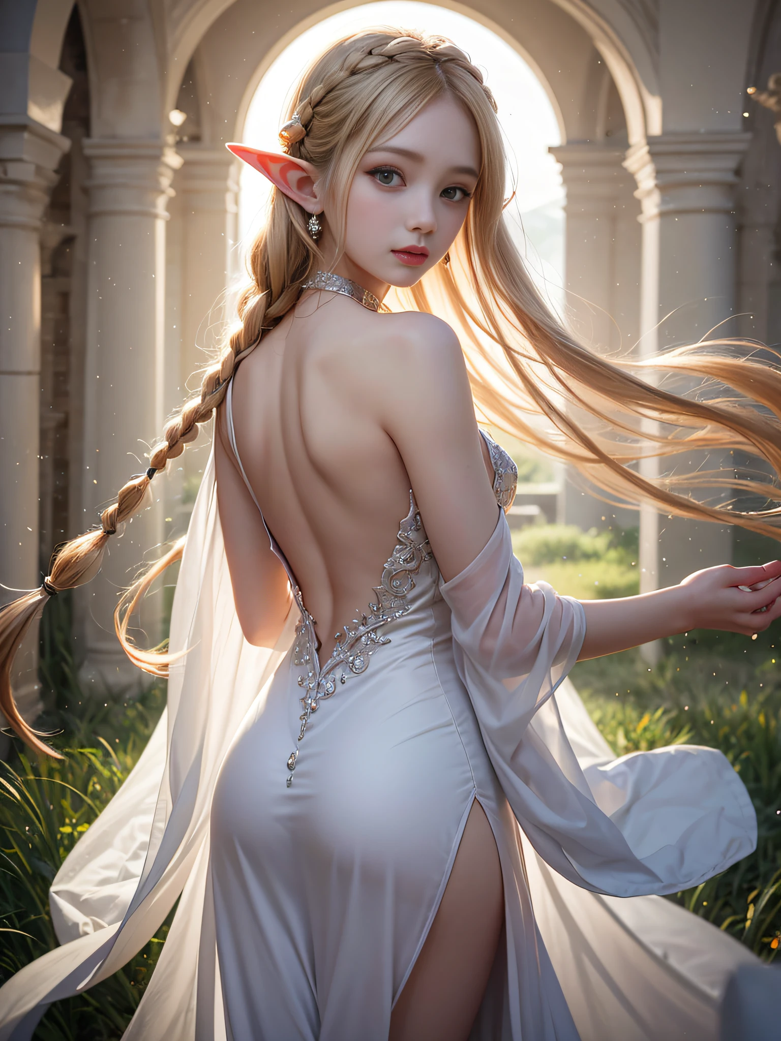 Elegant elf girl soaking her feet in hot springs, Delicate face illuminated by the soft light of the setting sun. her long, Flowing hair runs down your back, Decorated with intricate braids、Adorned with sparkling gemstones. This great photo is、It captures the ethereal beauty of elves. Slender figure in silk dress、Swaying in the soft steppe breeze. attention to detail、It is evident in the intricate patterns of the dress and the subtle highlights of the luminescence. skin. A breathtaking depiction of an elf girl、create an enchanting atmosphere、It invites the viewer to a magical world. Transparent blonde hair, 