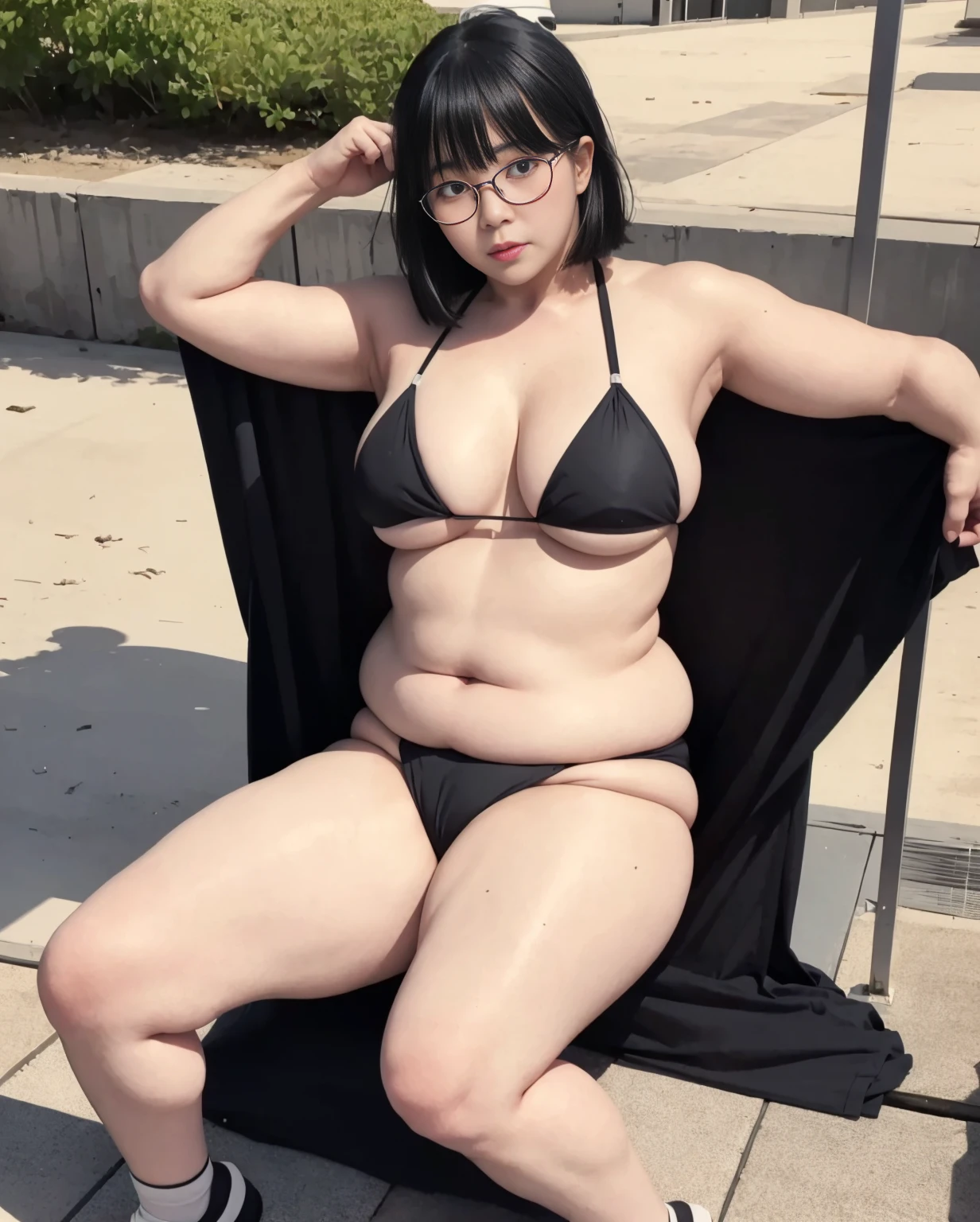 1 Japanese girl,White skin,Sweat,(fat),(fat face),(Japanese girl,White skin,Sweat,(fat),(Big Beautiful Woman),(over 150kg),Very realistic,Seaside,(Glasses),(Black Micro bikini),(Balance on one leg),