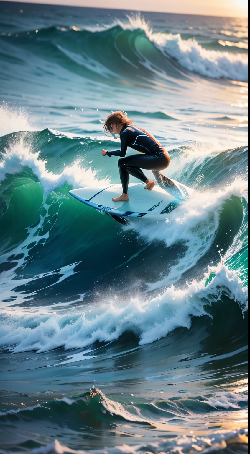 Illustrate the concept of surfing waves as a metaphor for navigating the highs and lows of a relationship, capturing both the calm and turbulent moments.