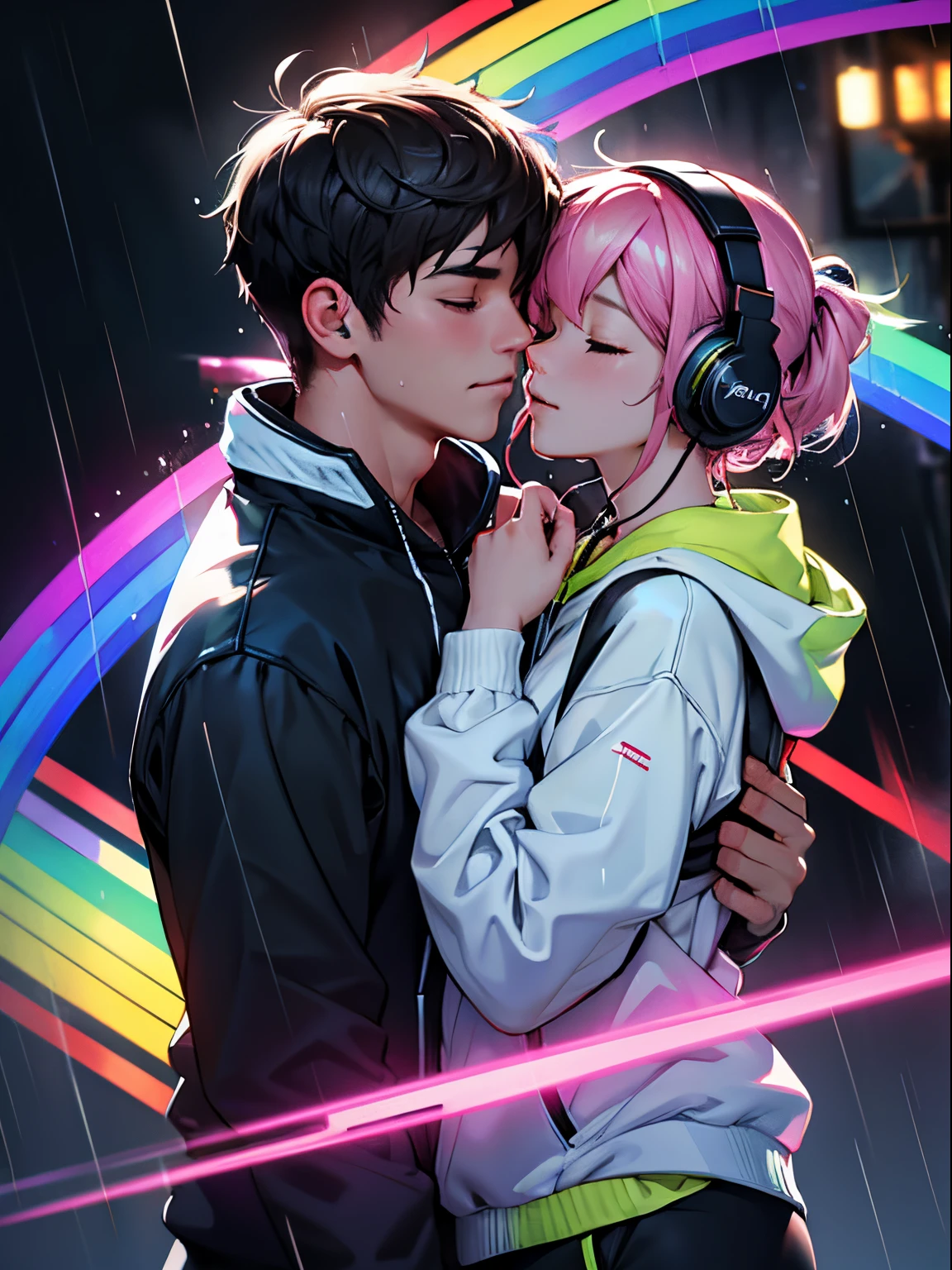 Ultra HD, high quality image, 4k, sweet couple, headphones, raining, rainbow effects, eye closed
