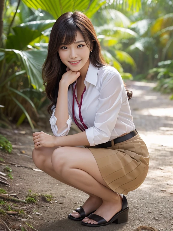 ((top-quality、in 8K、masterpiece:1.3、Raw photo))、Super high quality photos, In the tropical jungle, ((Wearing a business suit with jacket and skirt)), ((The wind is blowing up my skirt and I can see my panties.)),((squatting with legs closed)),((Wear a white blouse shirt under the jacket)), ((Perfect beauty 20 year old idol Japan woman)), ((a smile)), ((protruding nipples under the shirt,,)), ((Hair fluttering in the wind)), ((slim figure)), ((Slim legs)), ((slim thigh)), (Photorealistic: 1.4), (Ultra-high detail), (hyper realisitic: 1.4), (Realistic: 1.3), (Smooth lighting: 1.05), Full body, 1girl in, Solo, (Japanese actressl), 20yr old, cinematlic lighting, ((Leaner figure)), Good anatomy, Correct anatomy, In the tropical jungle, ((Perfect beauty 20 year old idol Japan woman)), ((Slim legs)), ((slim thigh)), ,((Perfect beauty)), ((He has a small camping bag in one hand.)), ((Panties are visible through the skirt)), ((a smile)), ((camel's toe)), ((Wearing a business suit with jacket and skirt)), ((squatting with legs closed)),
