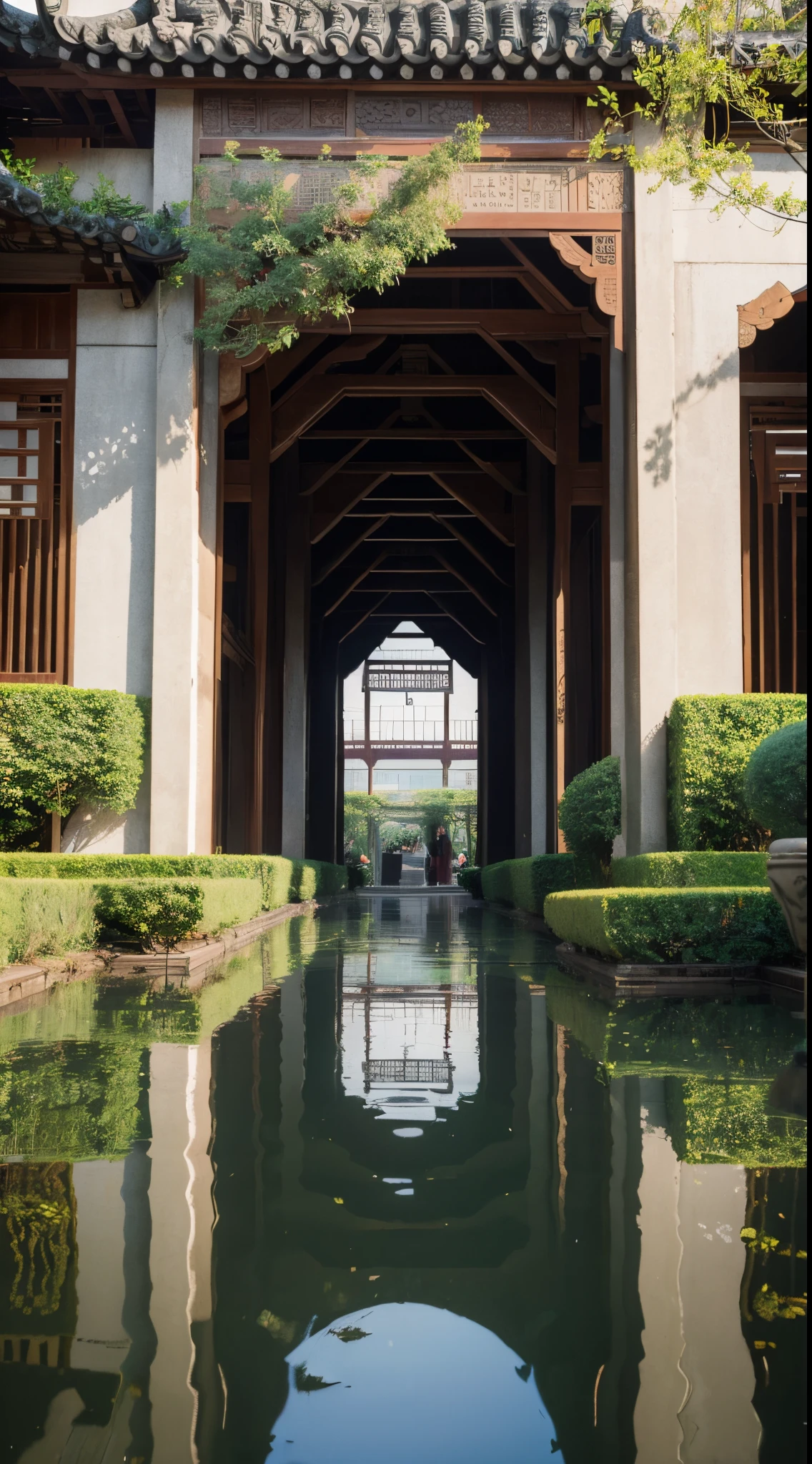 Suzhou garden with artfully placed walls and corridors, elaborate brickwork patterns, and large mirrors enhancing depth and dimension