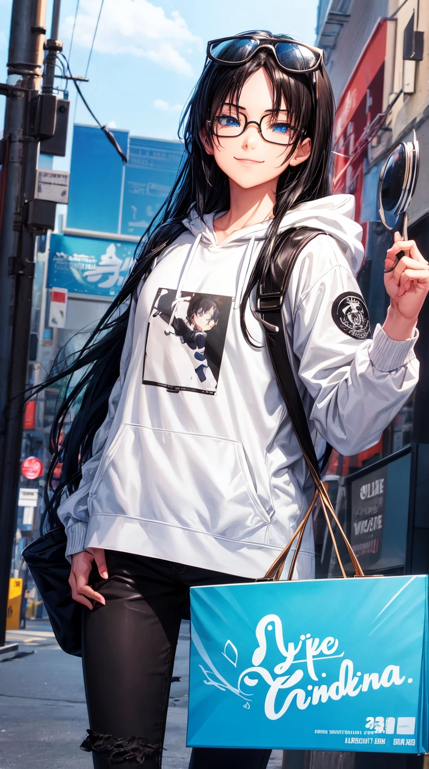 cute boy anime character with smile on the front, sunglasses, clear skin, wearing a rose hoodie with the name "ILOVEYOUANTA" and BLUE eyes and long black hair, fashion, 3D text rendering, typography, illustration, painting, photo, poster, 3d rendering , anime, fashion, cinematic, products. "SuheeOey", photo, poster, 3d rendering, illustration, cinematic, typography
