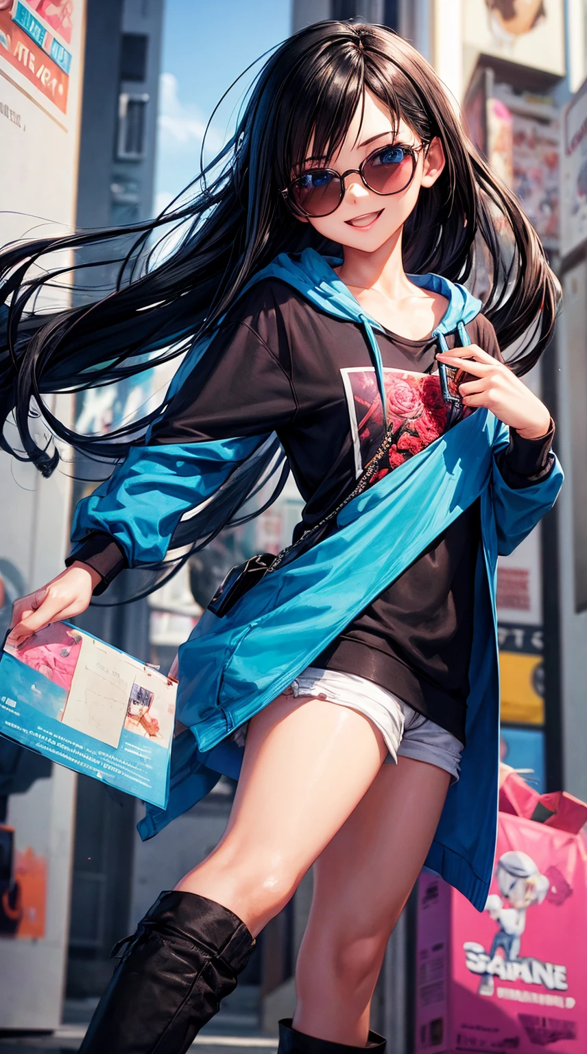 cute boy anime character with smile on the front, sunglasses, clear skin, wearing a rose hoodie wit? the name "ILOVEYOUANTA" and BLUE eyes and long black hair, fashion, 3D text rendering, typography, illustration, painting, photo, poster, 3d rendering , anime, fashion, cinematic, products. "SuheeOey", photo, poster, 3d rendering, illustration, cinematic, typography