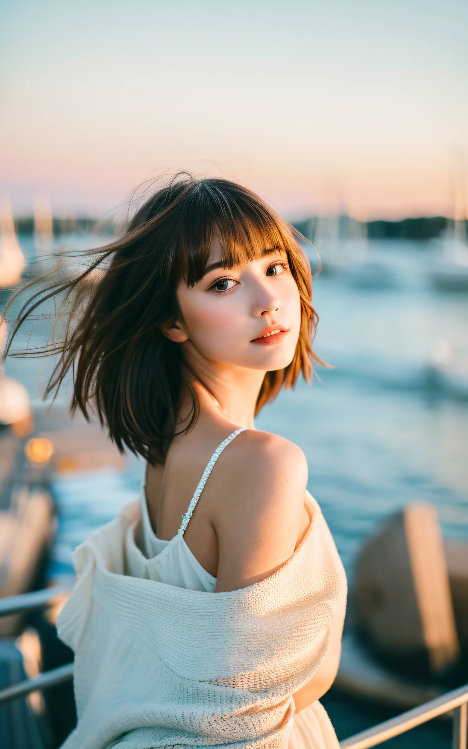 masterpiece, Best Quality, 8K, 1 girl, yacht harbor at dusk, 18 yo, medium breasts⁩, mouth slightly open, cute little, Solo, sad, Clothes suitable for autumn, Cute, Girly, Delicate girl, Neat and clean beauty, Raw photo, Professional Photography, Portrait, Soft light, Professional Lighting, Back lighting, Upper body, see the beholder, Sophisticated, Film grain, (Eyes and faces with detailed:1.0), Short hair swaying in the wind, beautiful flowing brown hair, bangs