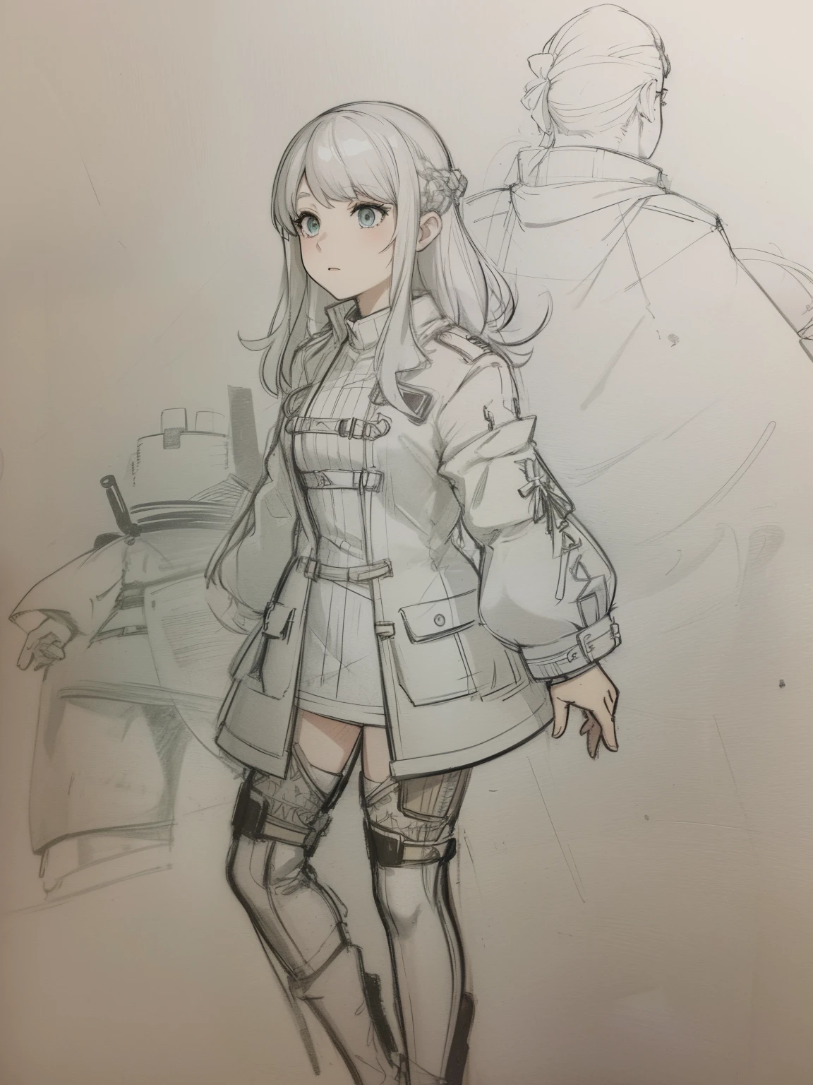 Sketch of a woman in a coat and boots holding a dress, ( ( character concept art ) ), clear outfit design, Female protagonist 👀 :8, unrealistic character concept, detailed full-body concept, botw style, character design sketch, full body character concept, full body character drawing, dressed with long fluent clothes, full body concept, single character concept art