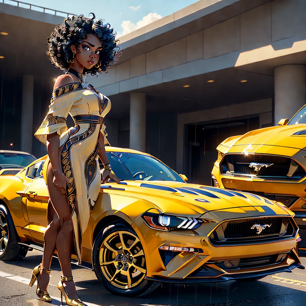 ((ultra high definition)), ((ultra high resolution)), ((ultra sharpness)), ((cinematic)), ((8K)), ((Unreal Engine 5)), ((Ultra Black girl)), ((extremely beautiful)), ((totally realistic)), ((total fidelity)), ((ultra curvy)), ((front view)), ((big ass and thick thighs)), ((ultra detailed face)), (( beautiful forehead))(,ultra detailed eyes)), ((ultra detailed irises)), ((ultra detailed hands)), ((ultra detailed fingers)), (((alone))), (((full body))), ((natural lighting)), ((white tribal markings on skin)), ((always the same face)), ((repeat always the same face)), ((always the same body)), ((always the same body proportions)), ((wearing a sexy colourful African dress clothing with gold linen and edges)), ((gold ornaments)), ((standing next to a white and black 2018 ford mustang)), ((full body 2018 ford mustang)), ((front view of ford mustang facing camera)), ((in city parking)),((alone in the photo)), ((repeat the same clothes)), ((always the same clothes)), ((looking at the camera)), ((short and curly hair)), ((silky curly hair)), ((black hair)), ((light gray irises)), ((rain)), ((wet))