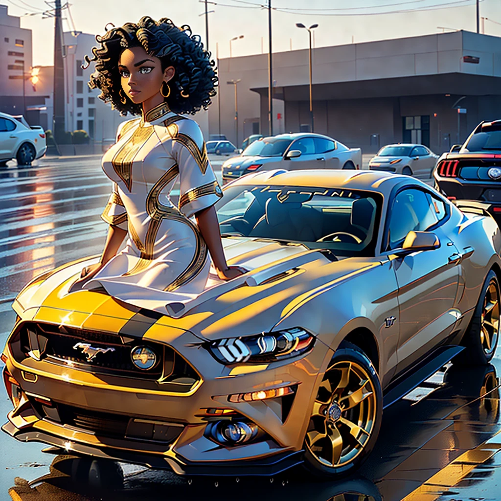 ((ultra high definition)), ((ultra high resolution)), ((ultra sharpness)), ((cinematic)), ((8K)), ((Unreal Engine 5)), ((Ultra Black girl)), ((extremely beautiful)), ((totally realistic)), ((total fidelity)), ((ultra curvy)), ((front view)), ((big ass and thick thighs)), ((ultra detailed face)), (( beautiful forehead))(,ultra detailed eyes)), ((ultra detailed irises)), ((ultra detailed hands)), ((ultra detailed fingers)), (((alone))), (((full body))), ((natural lighting)), ((white tribal markings on skin)), ((always the same face)), ((repeat always the same face)), ((always the same body)), ((always the same body proportions)), ((wearing a sexy colourful African dress clothing with gold linen and edges)), ((gold ornaments)), ((standing next to a white and black 2018 ford mustang)), ((full body 2018 ford mustang)), ((front view of ford mustang facing camera)), ((in city parking)),((alone in the photo)), ((repeat the same clothes)), ((always the same clothes)), ((looking at the camera)), ((short and curly hair)), ((silky curly hair)), ((black hair)), ((light gray irises)), ((rain)), ((wet))